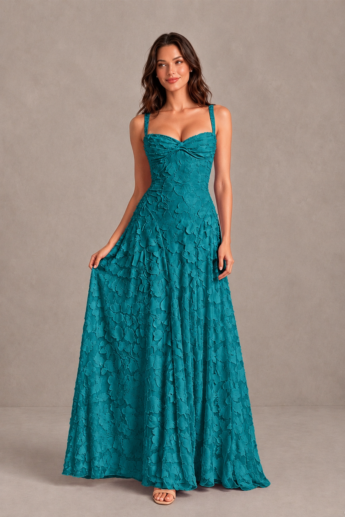 BOLODOO Teal Floral-Textured A-Line Dress with Lace-Up Back - Teal - Teal_3
