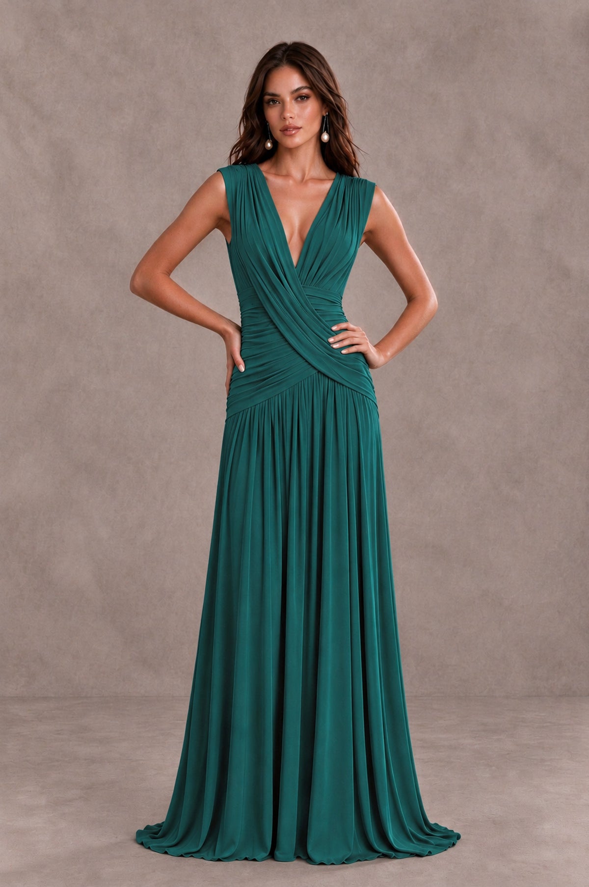 BOLODOO Teal V-Neck Ruched Wedding Guest Dress - Teal - Teal_3