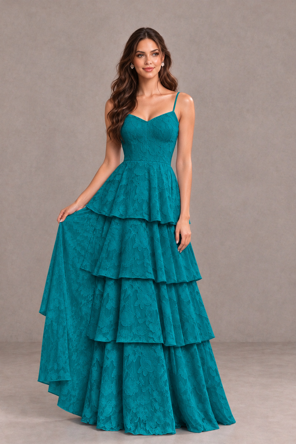 BOLODOO Teal Tiered Floral-Textured Spaghetti Strap Maxi Dress - Teal - Teal_3