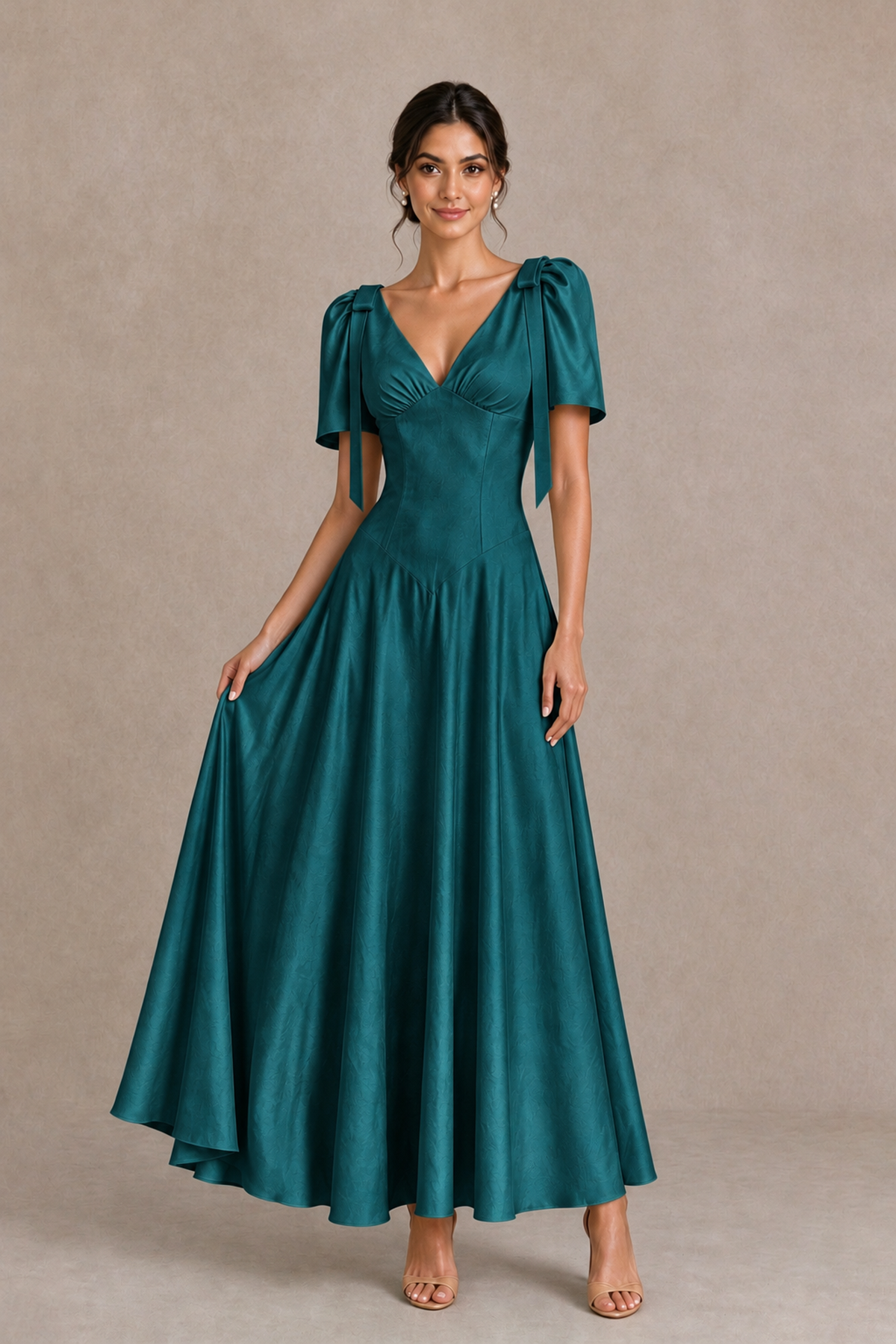 BOLODOO Teal V-Neck Short Sleeve Satin-Look Bridesmaid Dress with Shoulder Bows - Teal - Teal_3
