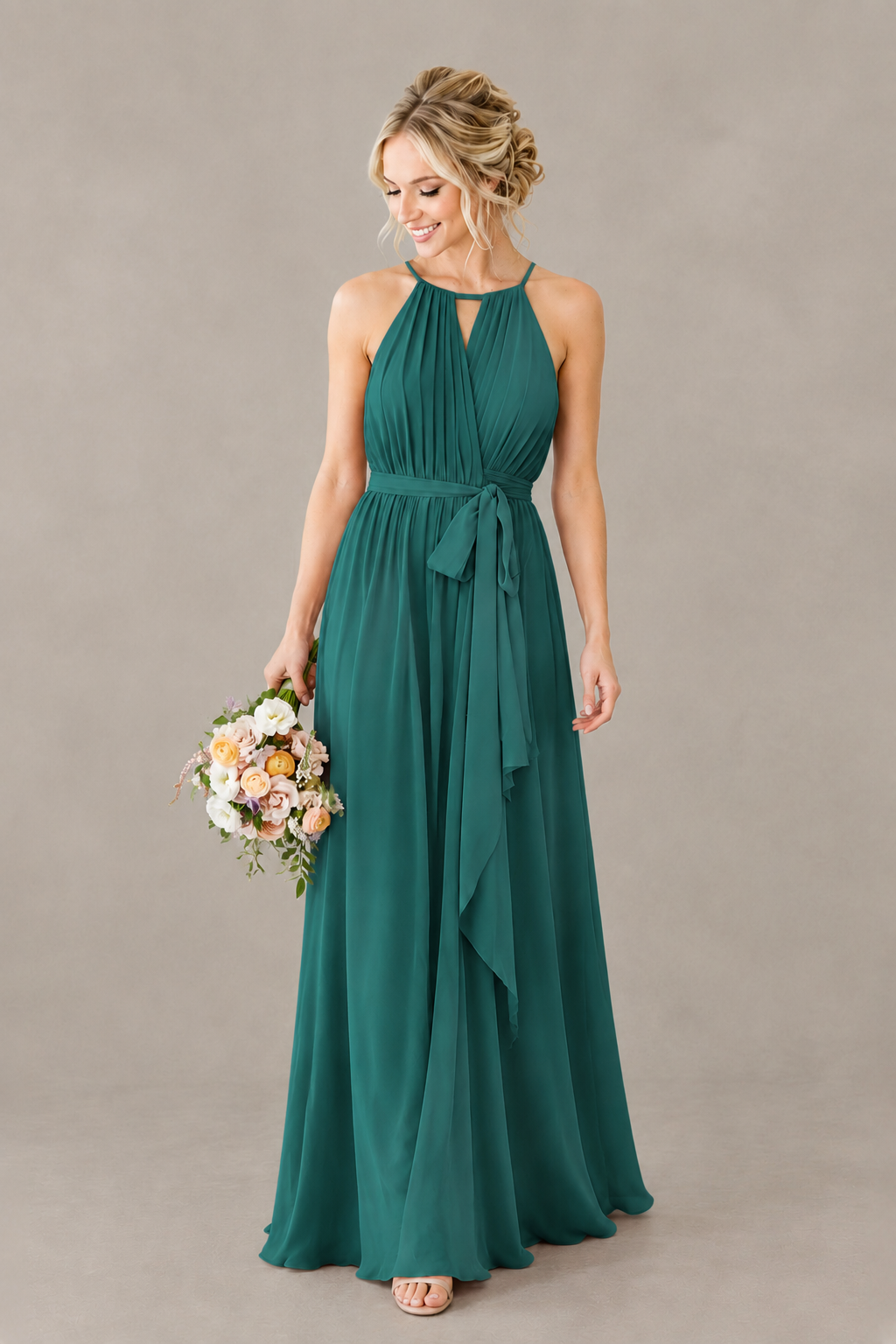 BOLODOO Teal Halter Chiffon Bridesmaid Dress with High Slit - Teal
