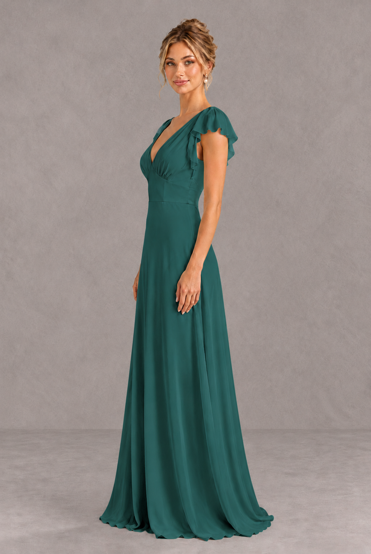 BOLODOO Teal V-Neck Flutter Sleeve A-Line Bridesmaid Dress - Teal - Teal_4