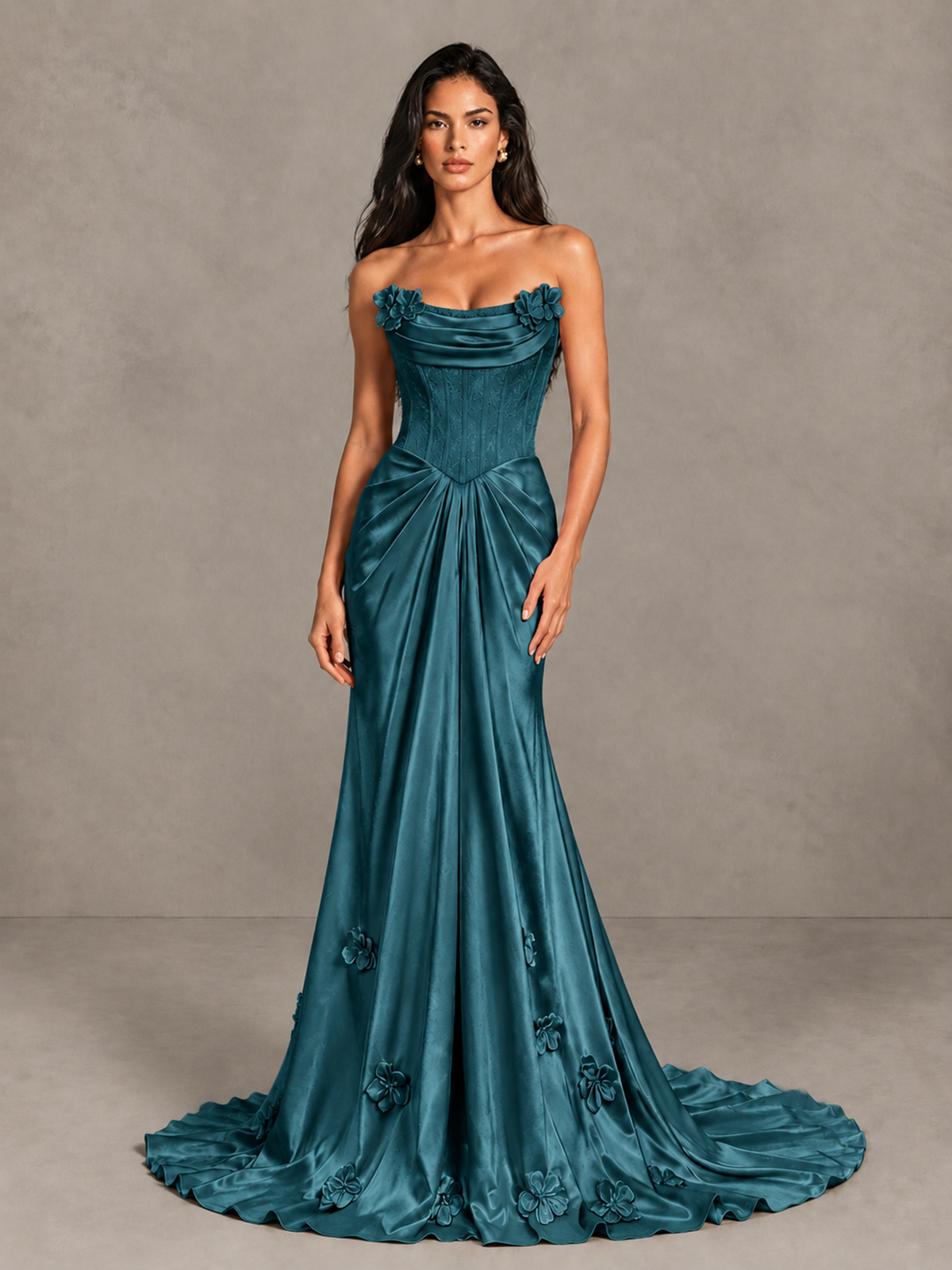 BOLODOO Teal Strapless Floral Corset Evening Gown with Train - Teal - Teal_4