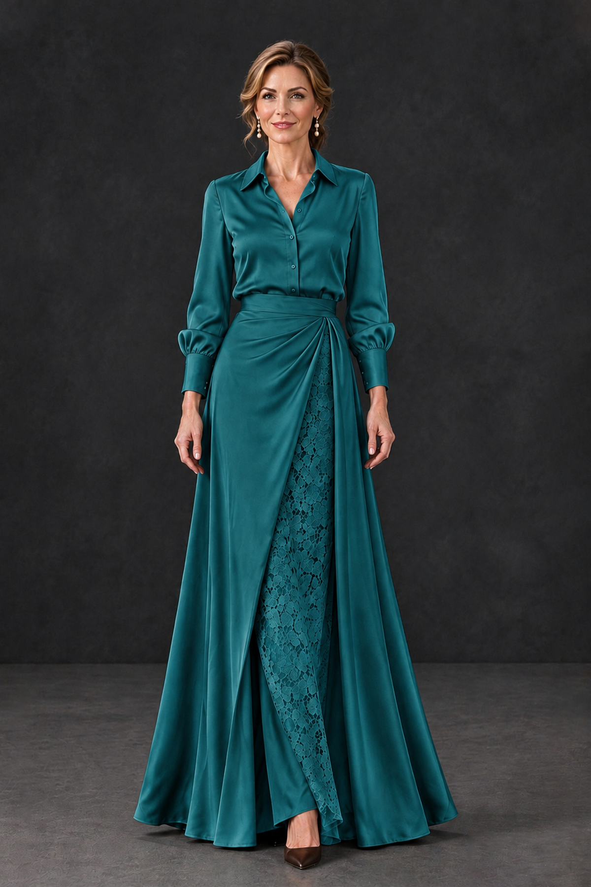 BOLODOO Teal Long Sleeve Satin-Look Lace Panel Gown - Teal - Teal_4