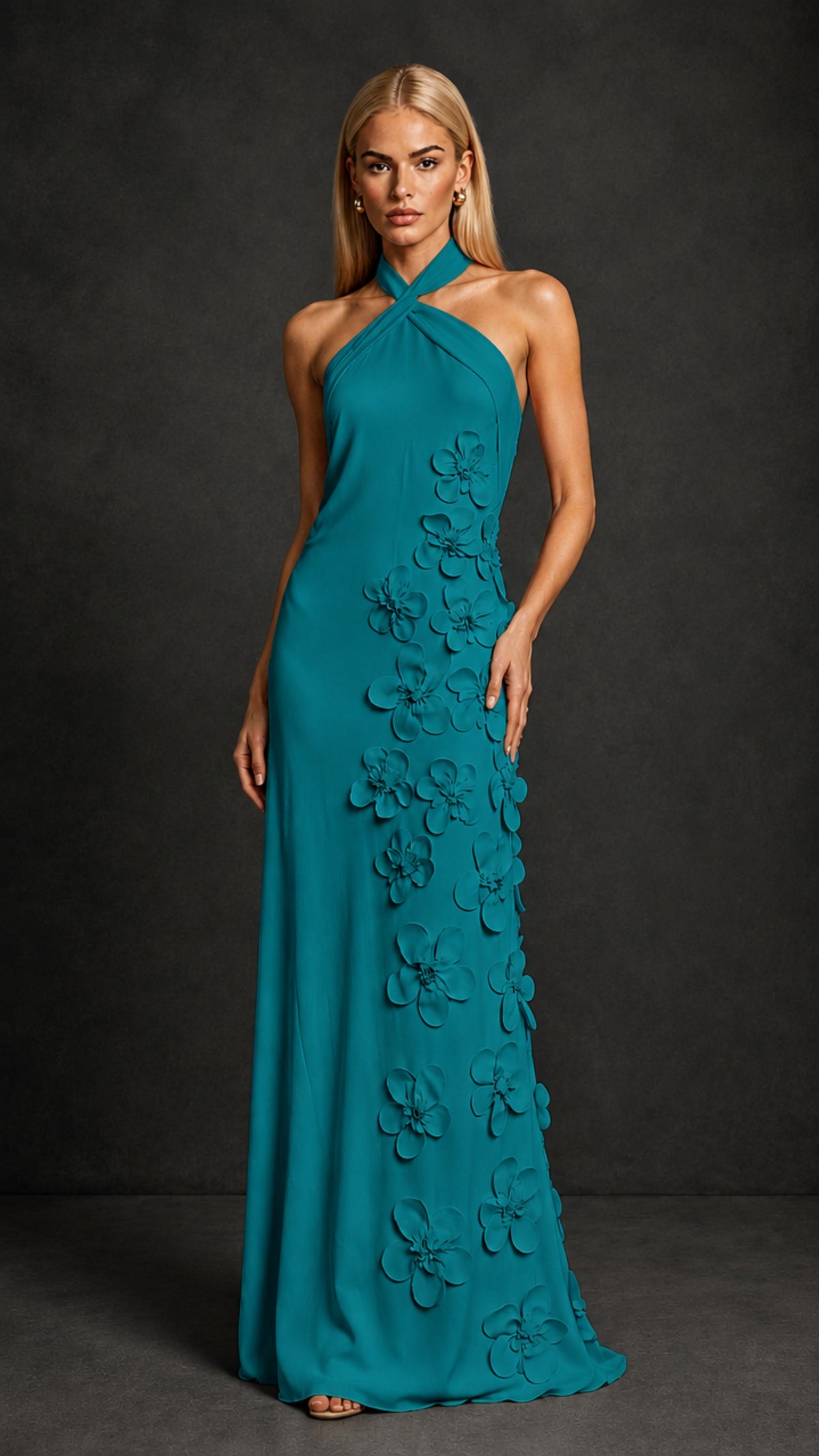 BOLODOO Teal Cross Halter Neck 3D Floral Appliqué Backless Mermaid Maxi Gown - Teal