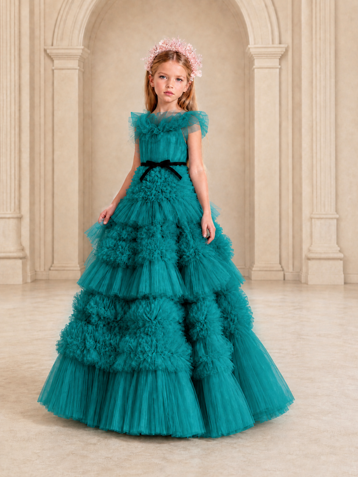 BOLODOO Teal Tiered Tulle Flower Girl Dress with Floral Appliques - Teal - Teal_4