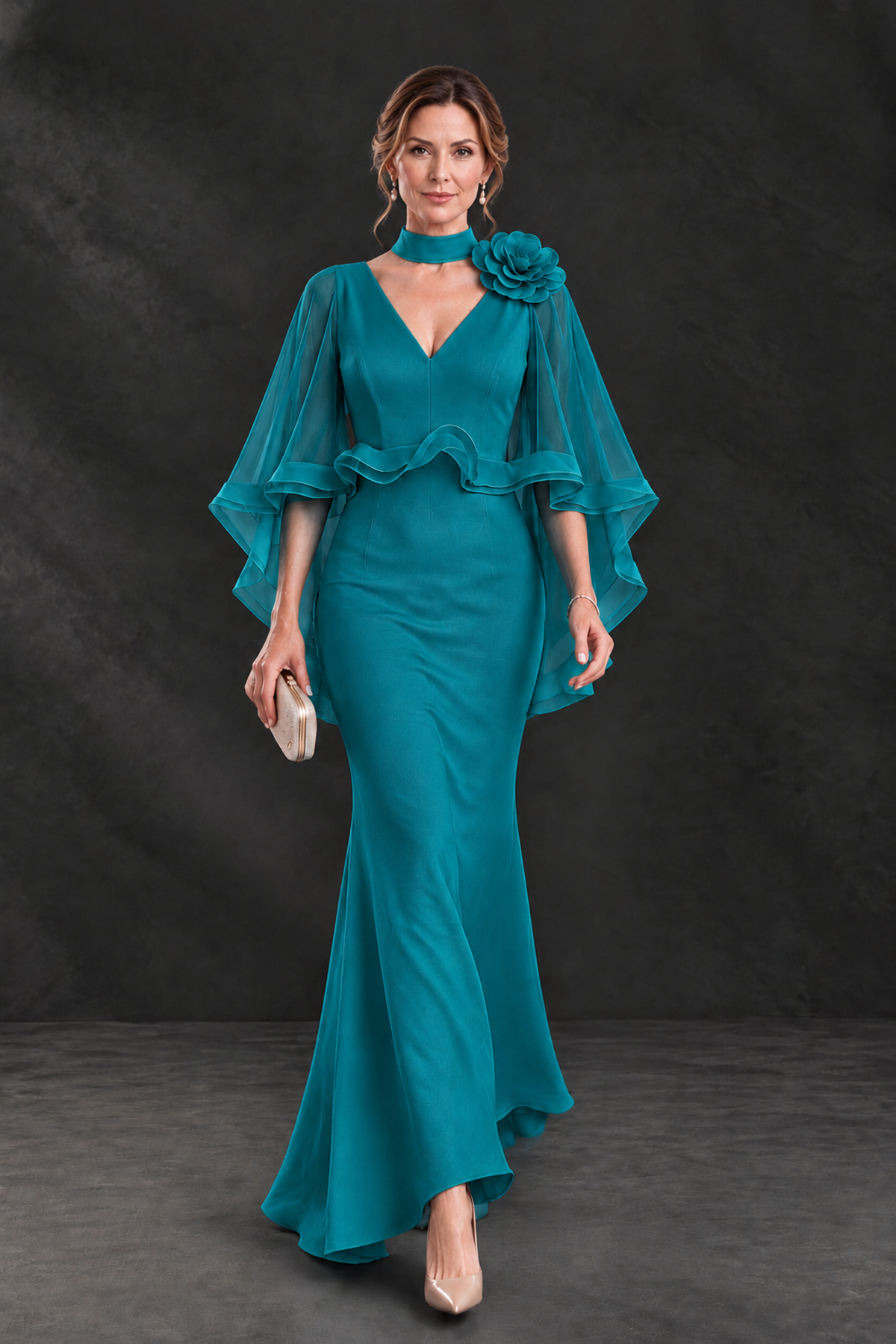 BOLODOO Teal Floral Cape Sleeve Mother of the Bride Dress - Teal - Teal_4