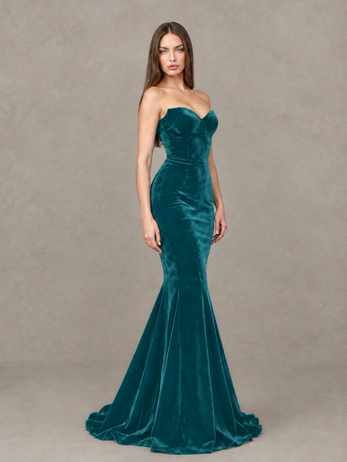 BOLODOO Teal Strapless Sweetheart Velvet-Look Mermaid Evening Dress - Teal - Teal_4