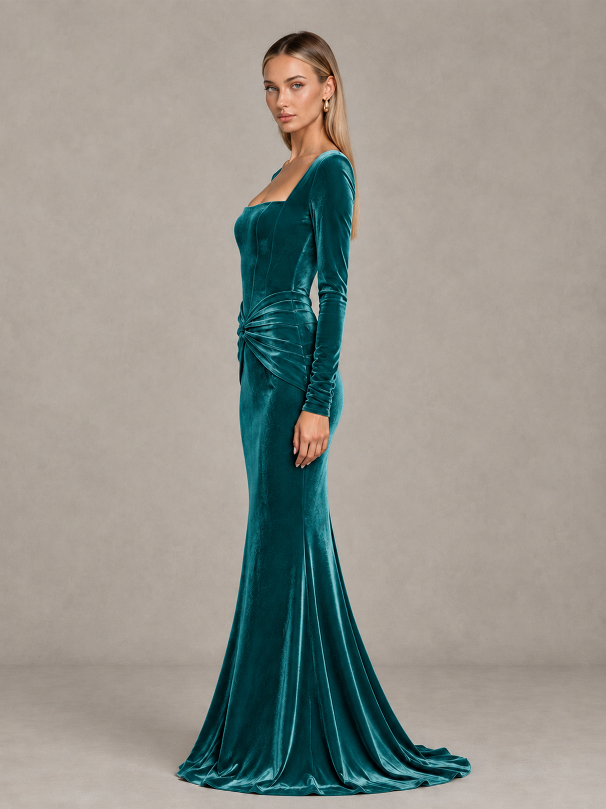 BOLODOO Teal Velvet-Look Square Neck Long Sleeve Mermaid Evening Dress - Teal - Teal_4