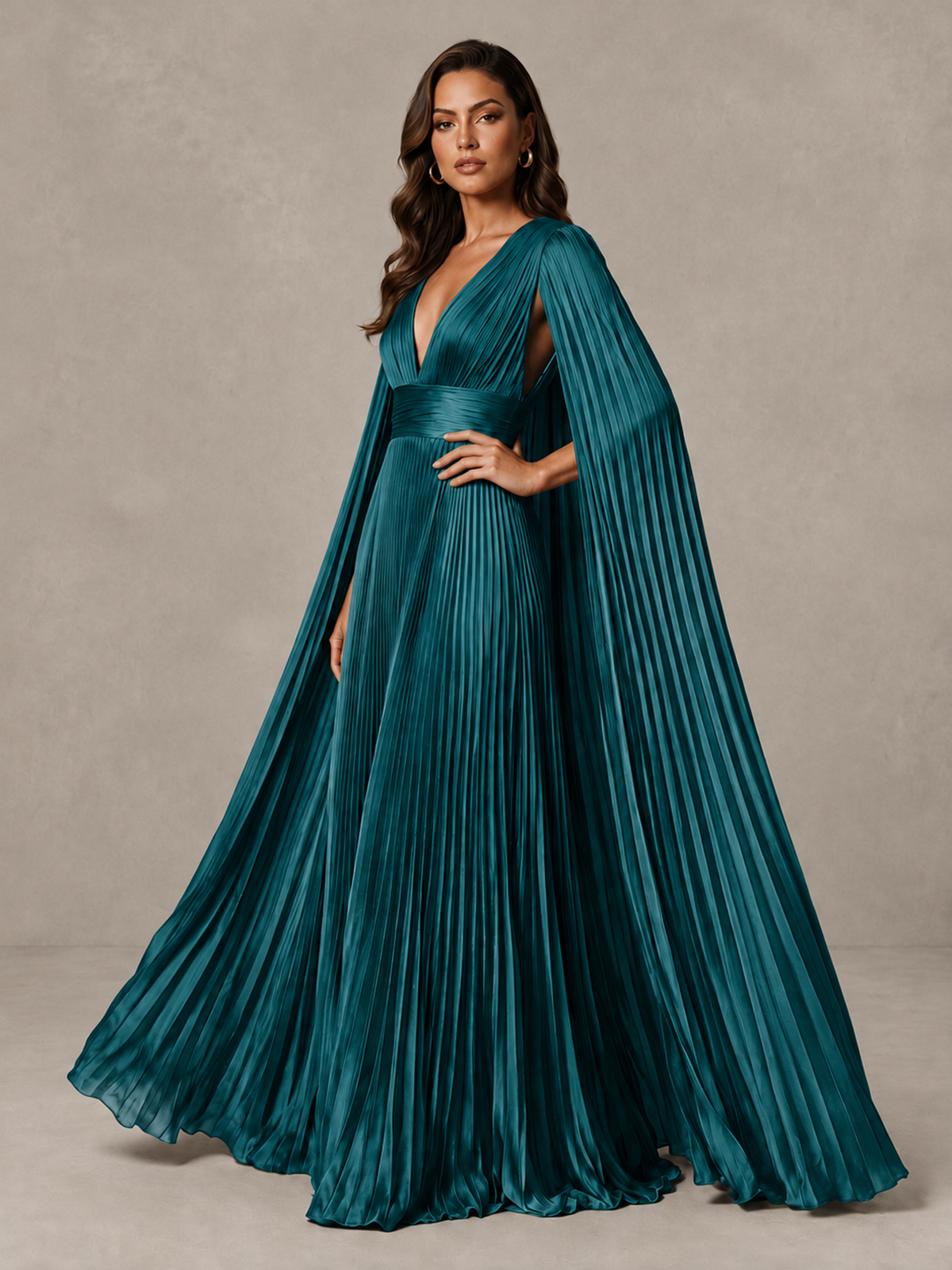 BOLODOO Teal Deep V-Neck Pleated Cape Sleeve Evening Gown - Teal - Teal_4