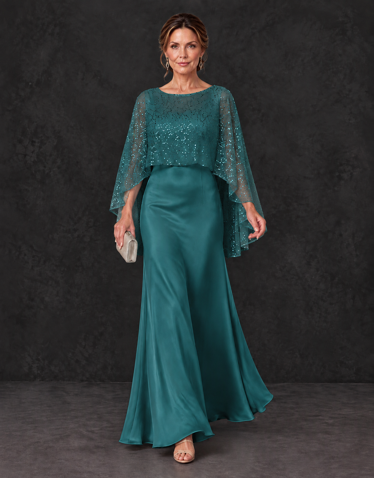 BOLODOO Teal Sparkle Cape Sleeve Mother of the Bride Dress - Teal - Teal_4