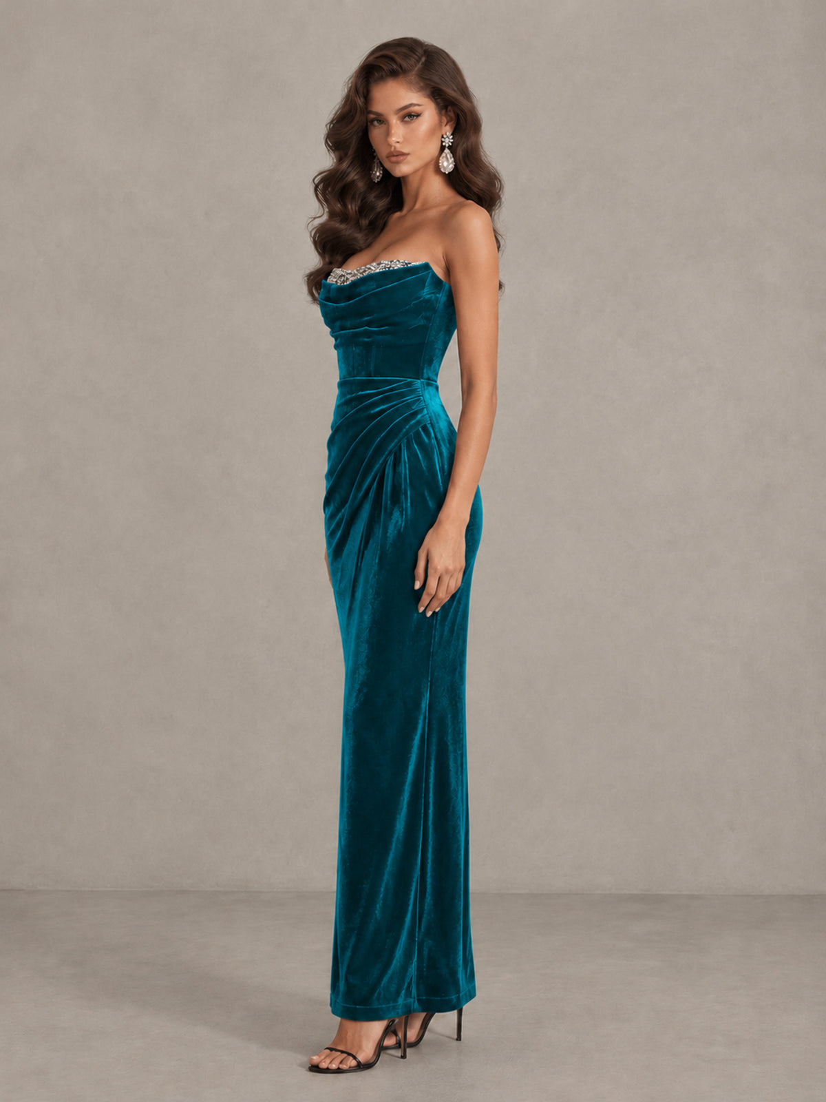 BOLODOO Teal Strapless Velvet Cocktail Maxi Dress - Teal - Teal_4
