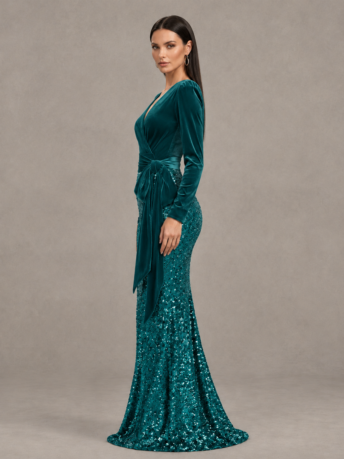 BOLODOO Teal Velvet & Sequin Long Sleeve V-Neck Mermaid Evening Gown - Teal - Teal_4