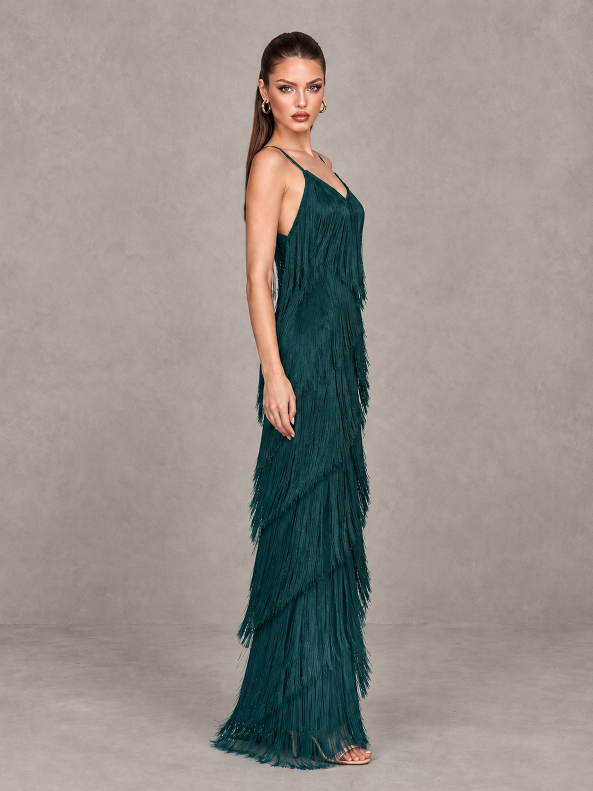 BOLODOO Teal V-Neck Spaghetti Strap Fringe Maxi Evening Dress - Teal - Teal_4