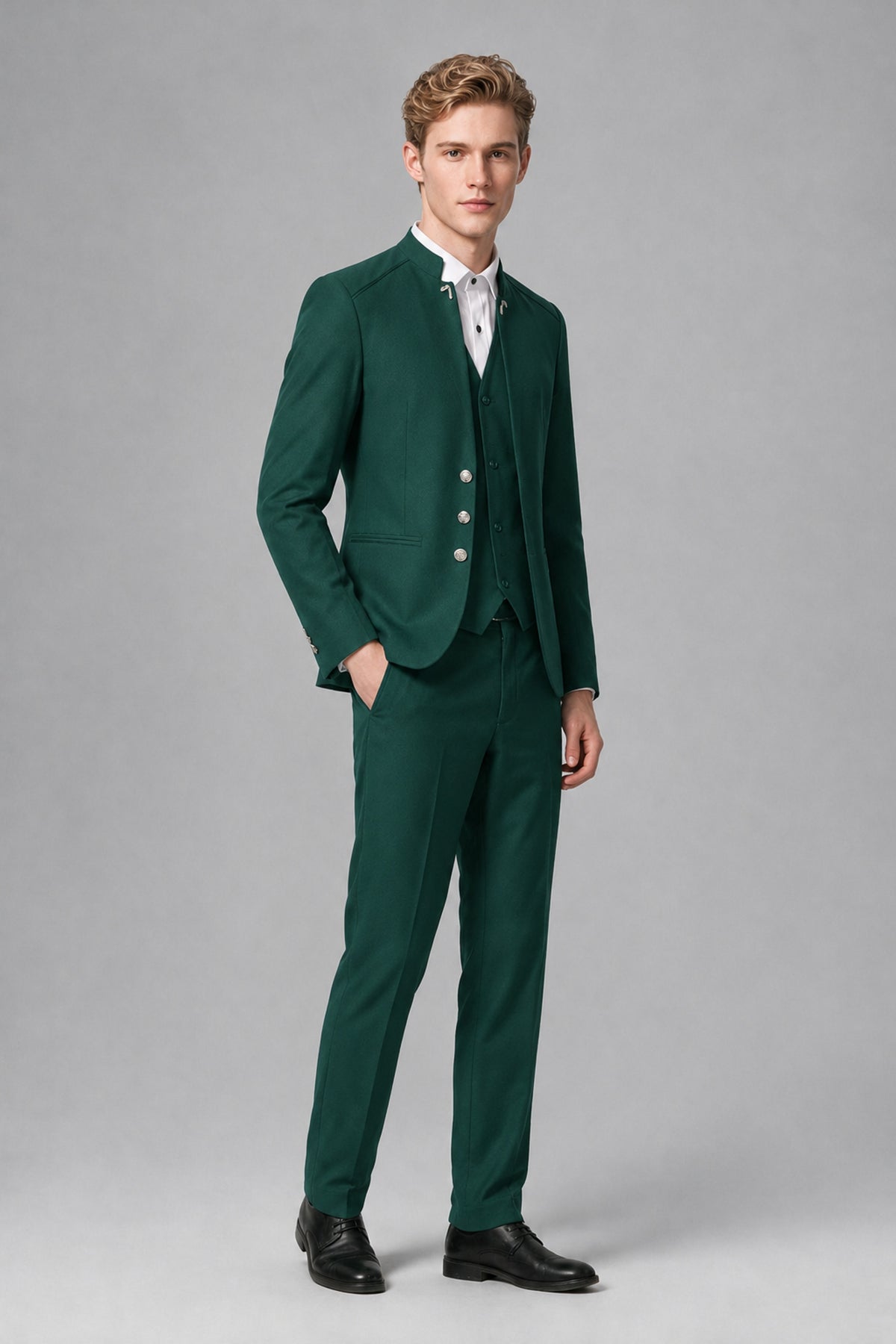 Bolodoo Men's Teal Mandarin Collar 3-Piece Suit – Jacket, Vest & Trousers - Teal - Teal_4