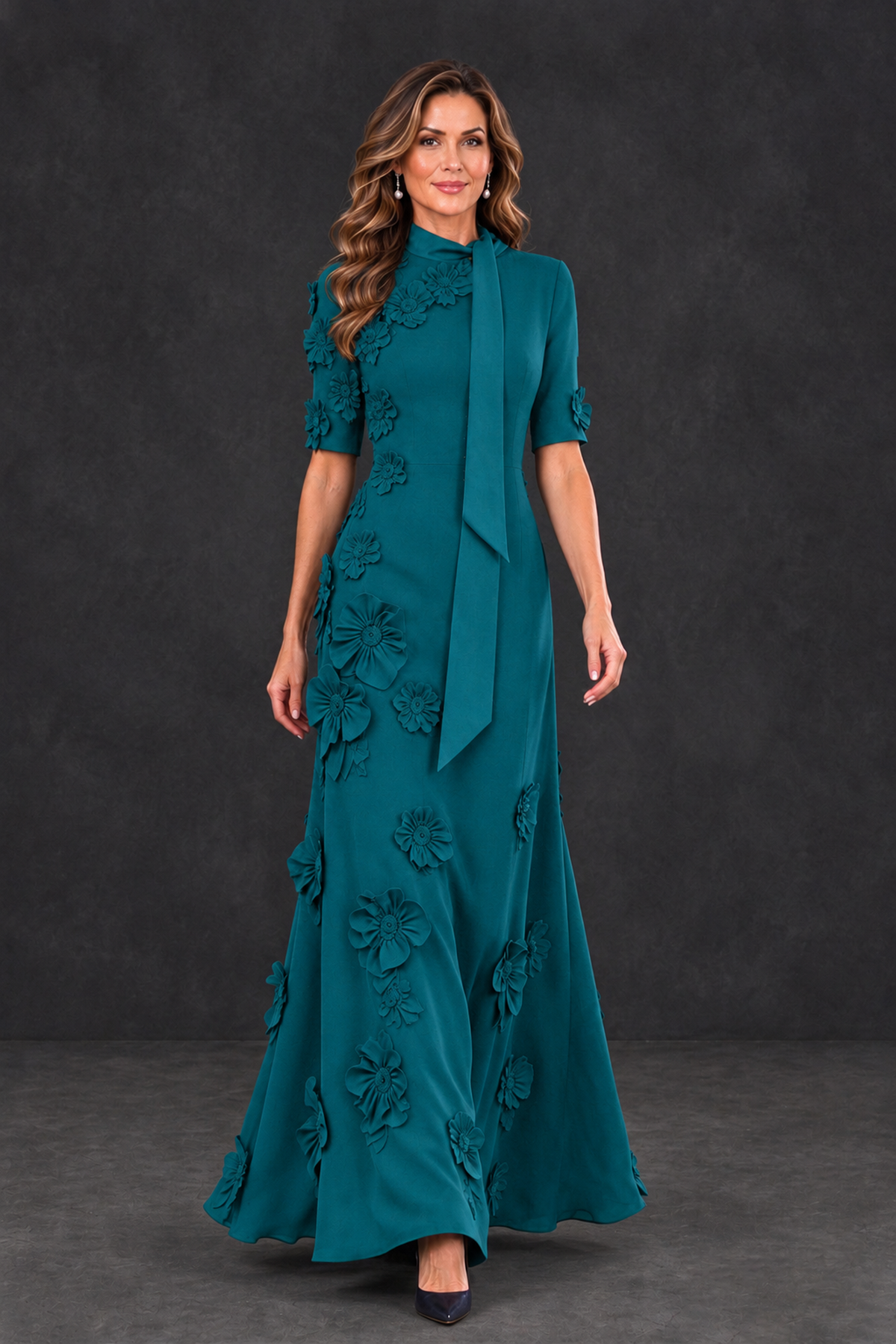 BOLODOO Teal Floral Applique High-Neck Half-Sleeve Gown - Teal - Teal_4