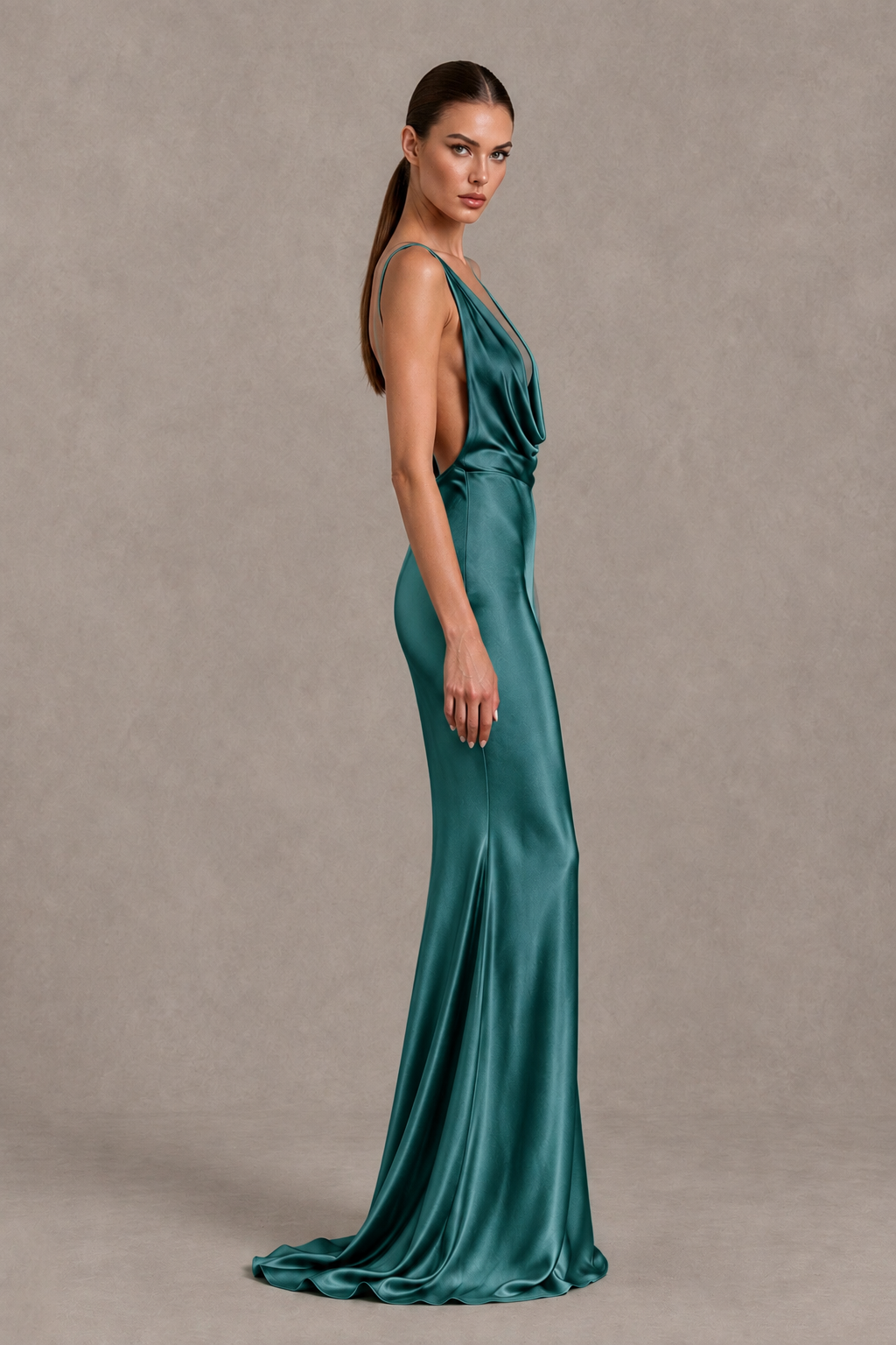 BOLODOO Teal Cowl Neck Backless Satin Mermaid Evening Dress - Teal - Teal_4