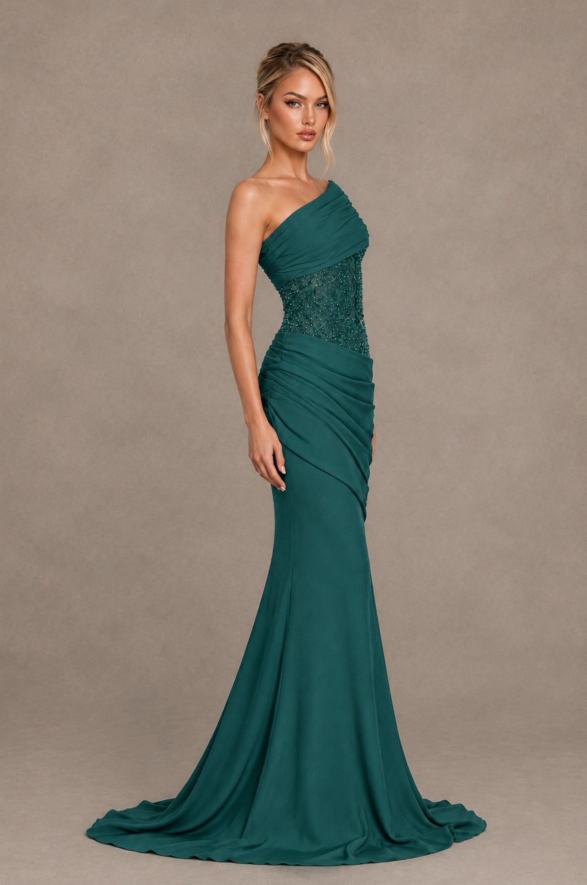 BOLODOO Teal One-Shoulder Sequin Embroidered Ruched Mermaid Gown with Train - Teal - Teal_4