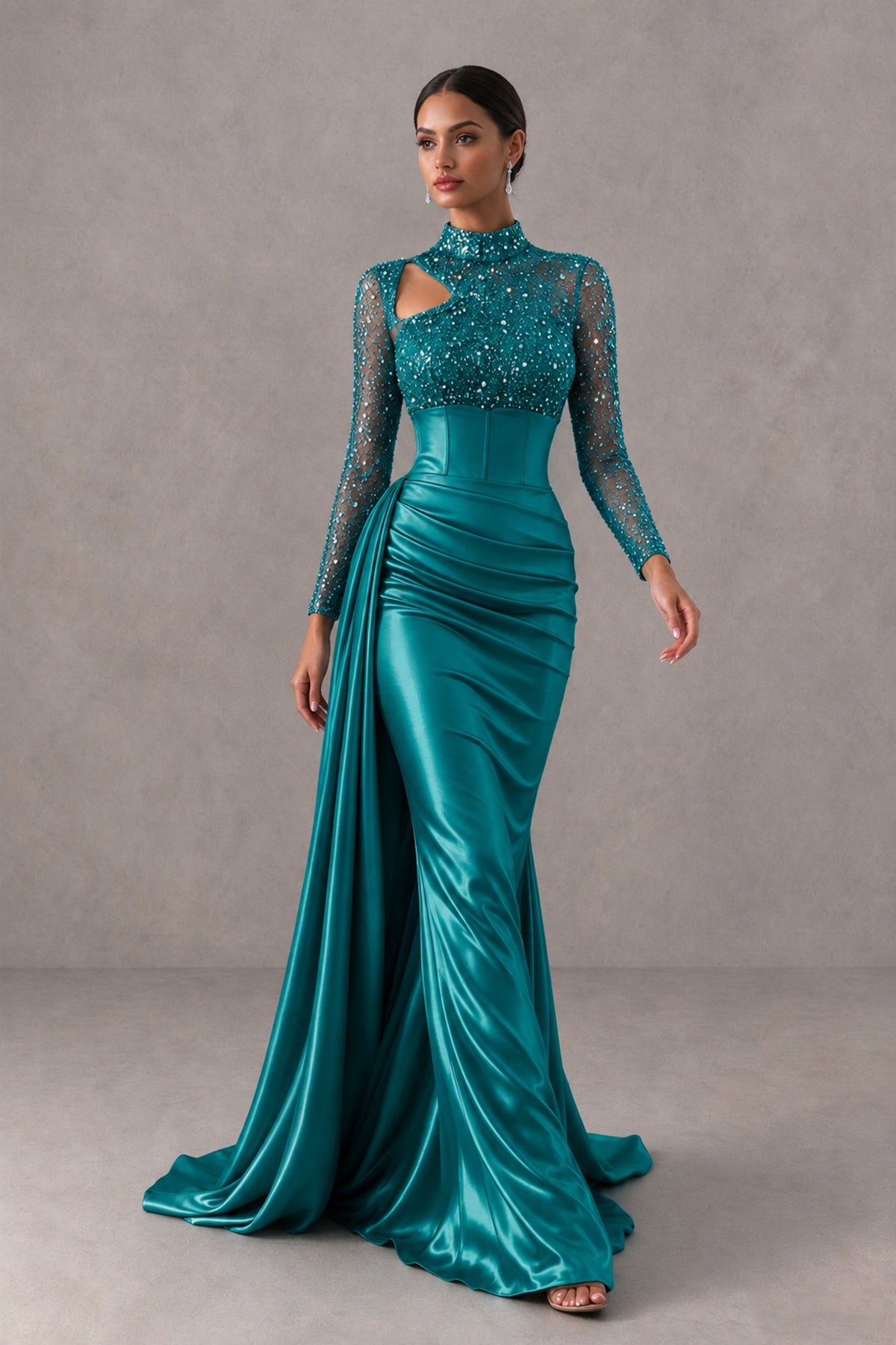 BOLODOO Teal Long Sleeve Embellished Satin Mermaid Evening Gown - Teal - Teal_4