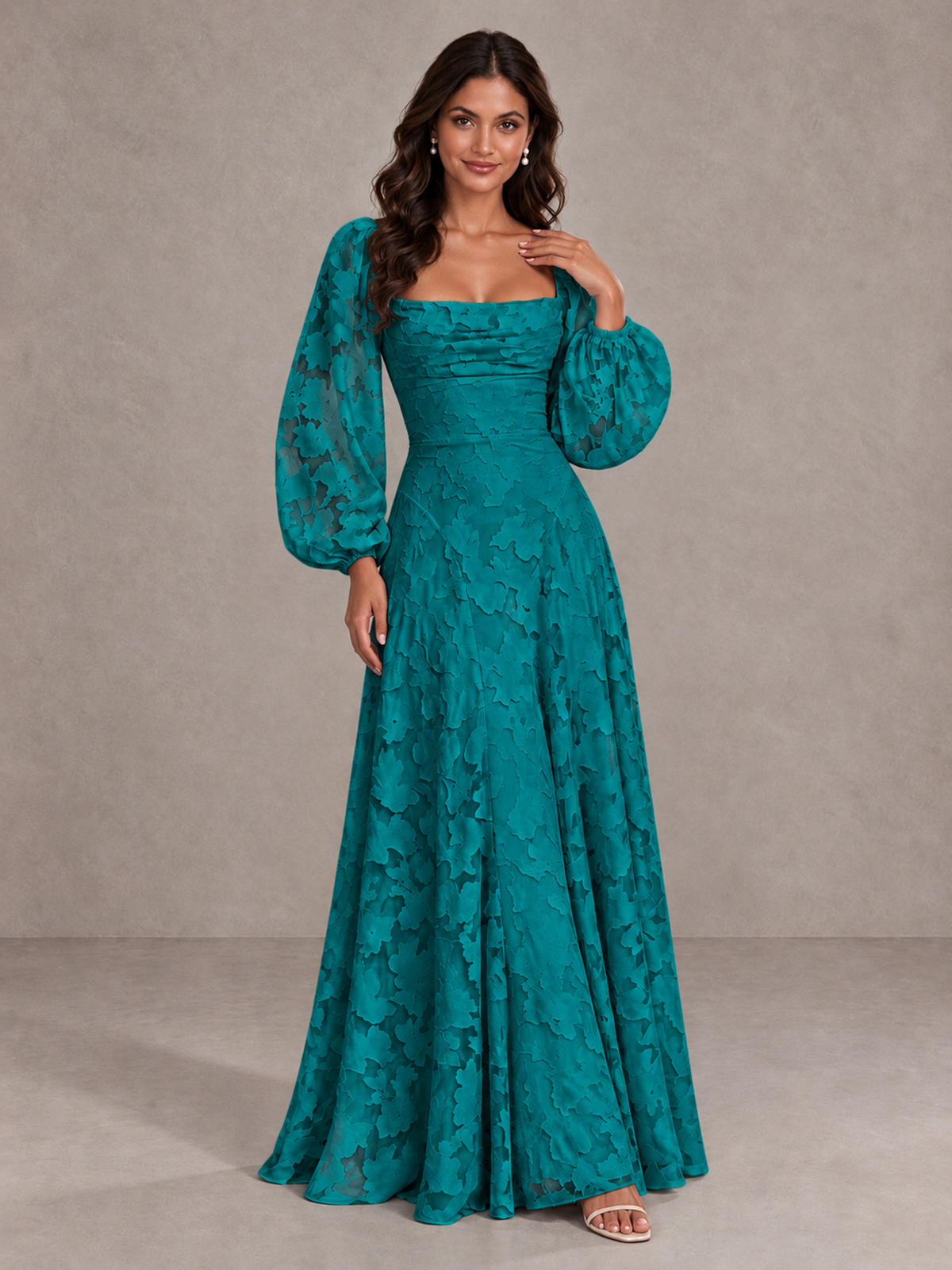BOLODOO Teal Floral Long Sleeve A-Line Bridesmaid Dress - Teal - Teal_4