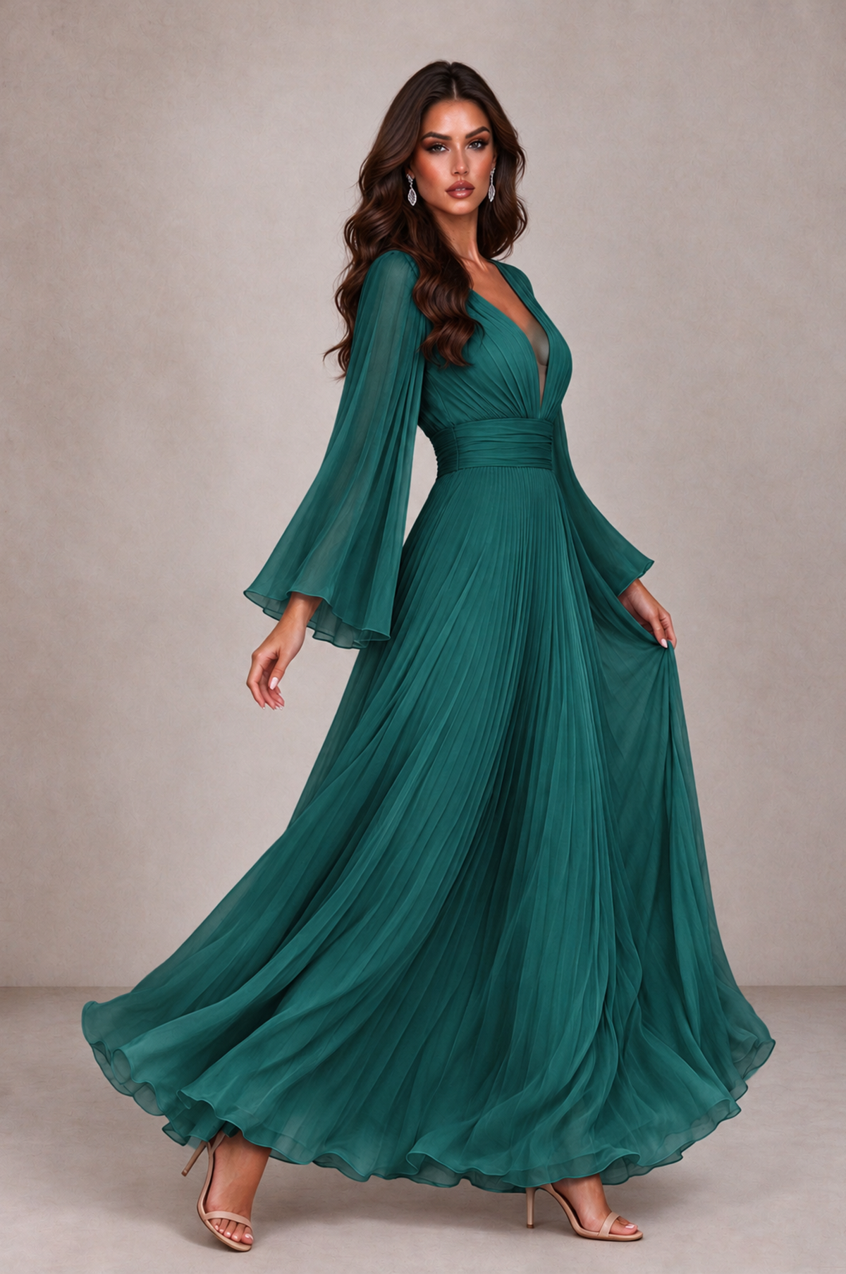 BOLODOO Teal Pleated Deep V-Neck Long Bell Sleeve Evening Dress - Teal - Teal_4