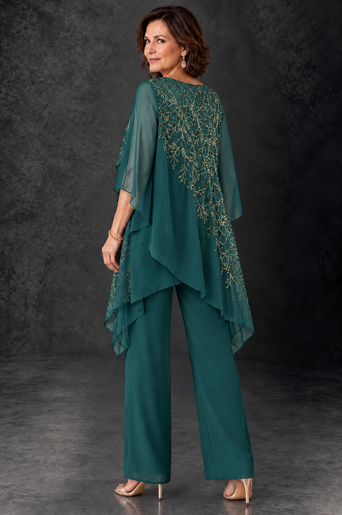 BOLODOO Teal Embellished Cape Pant Suit for Mother of the Bride - Teal - Teal_4