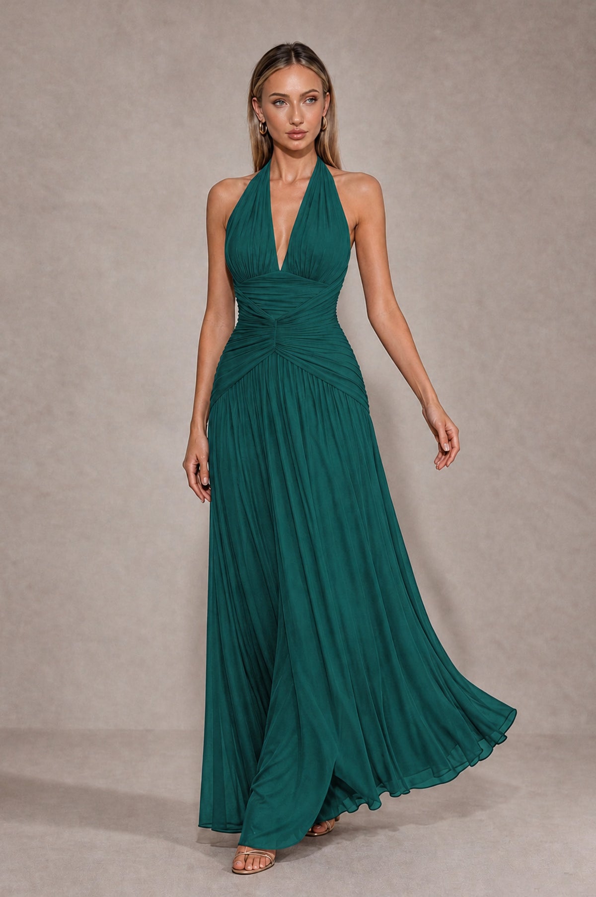 BOLODOO Teal Chiffon Halter Deep V-Neck Ruched A-Line Backless Maxi Dress with Train-BD0167 - Teal - Teal_4