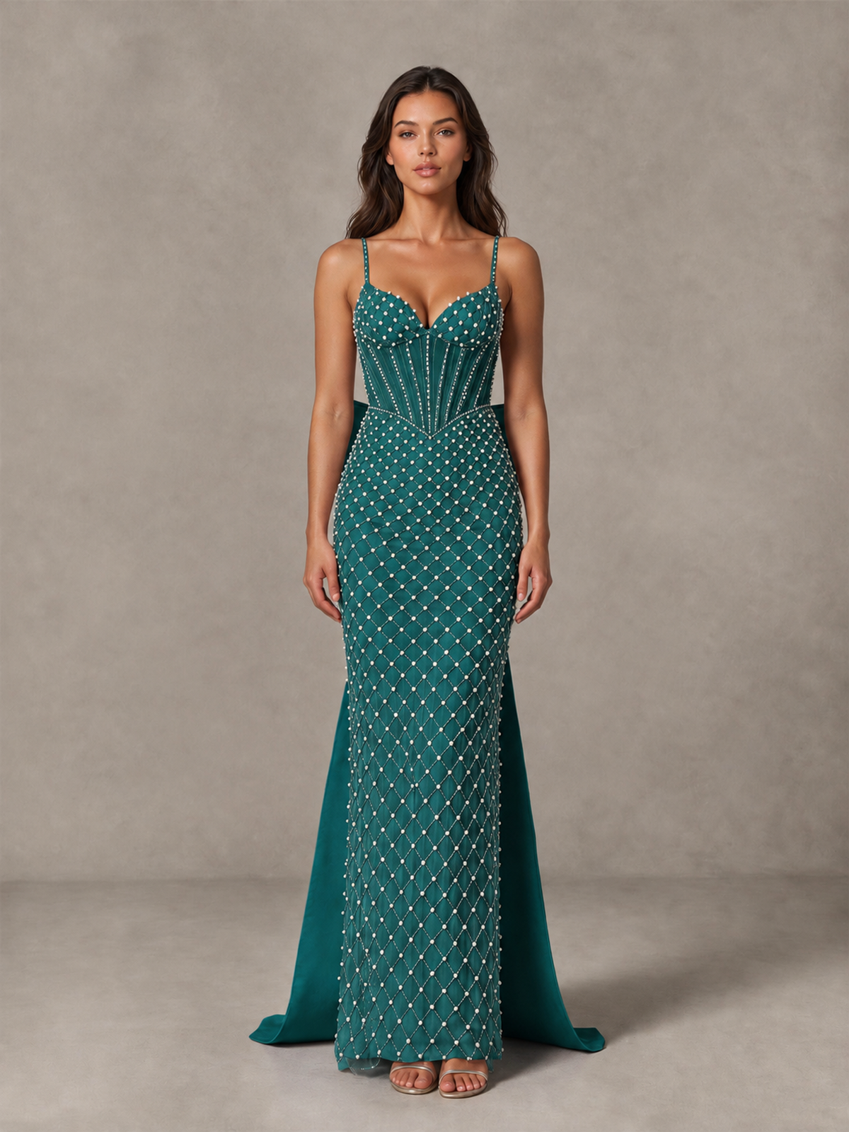 BOLODOO Teal Beaded Corset Prom Dress with Bow Train - Teal - Teal_4