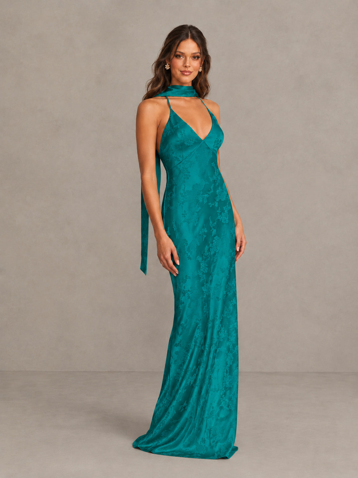 BOLODOO Teal Floral Satin Open-Back Bridesmaid Dress - Teal - Teal_4