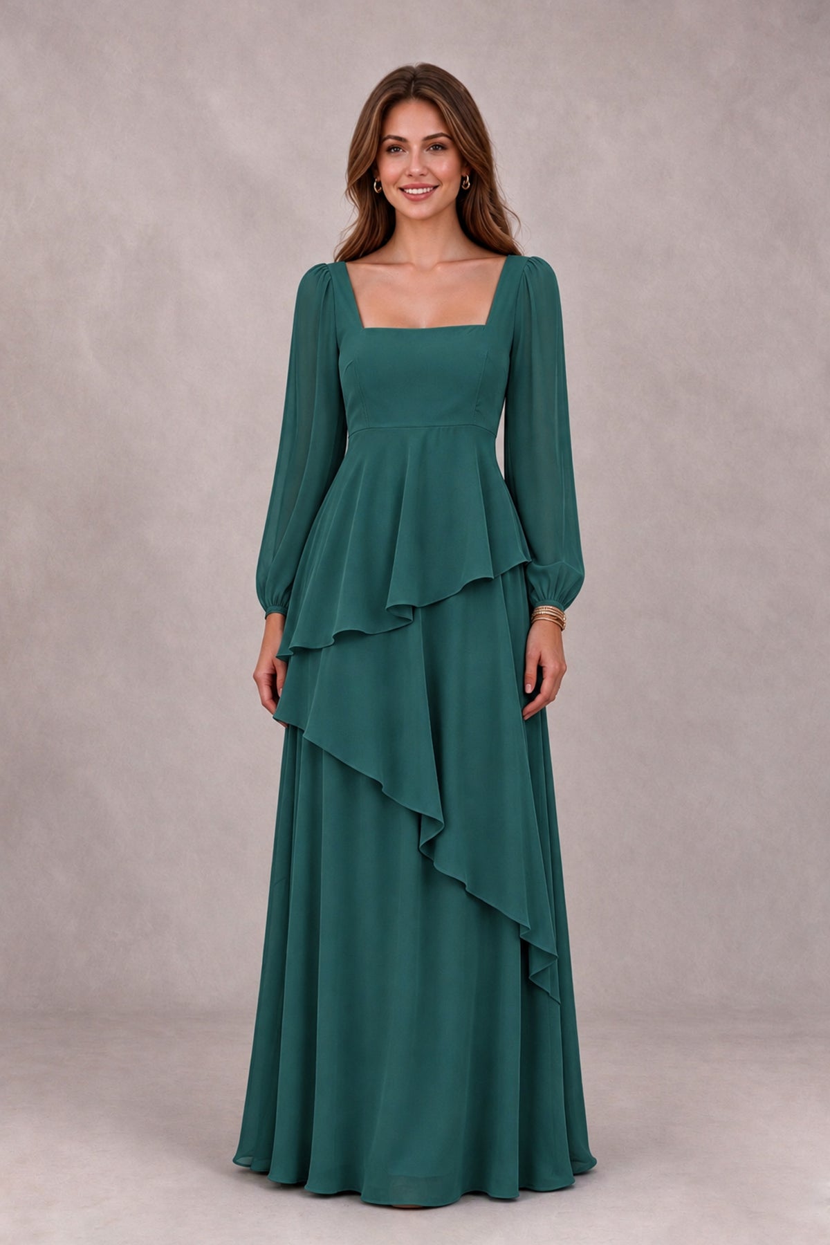 BOLODOO Teal Long Sleeve Ruffle Bridesmaid Dresses - Teal - Teal_4