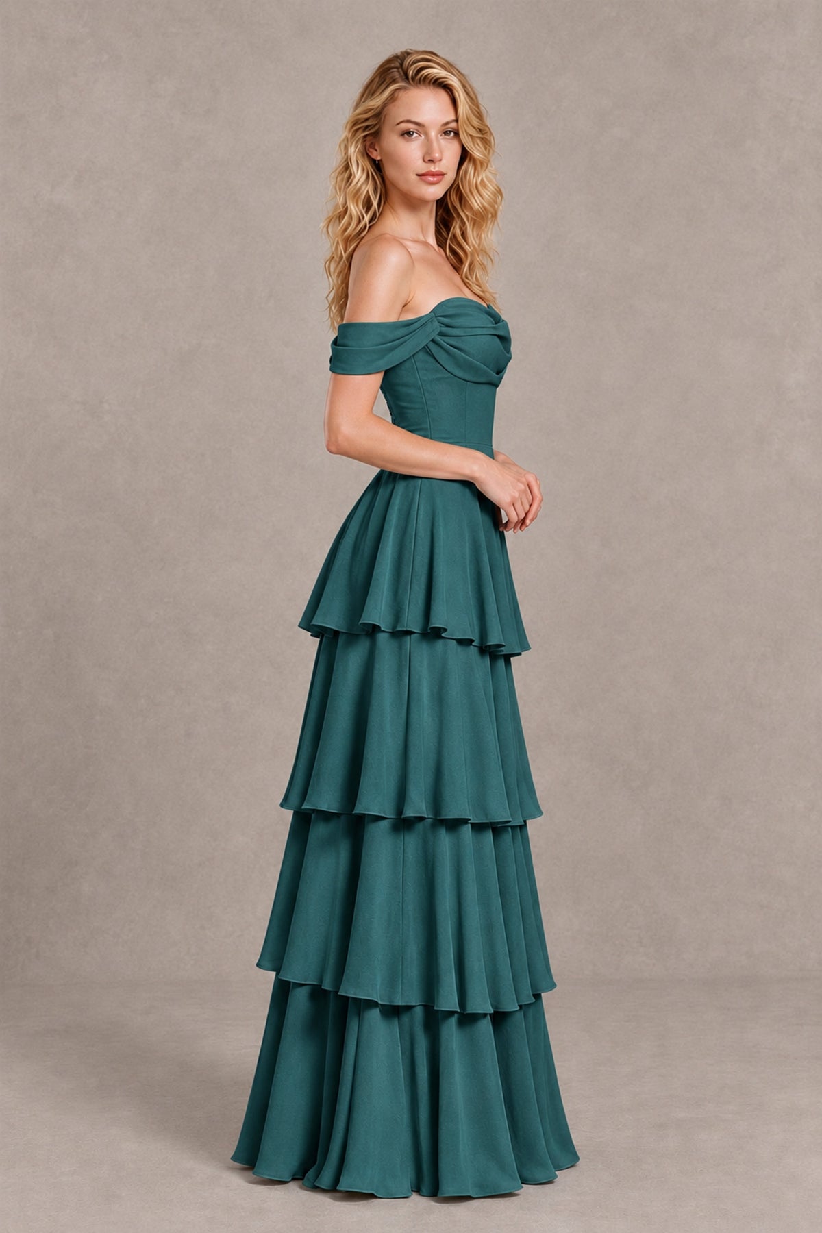 BOLODOO Teal Off-the-Shoulder Tiered A-Line Evening Bridesmaid Dress - Teal - Teal_4