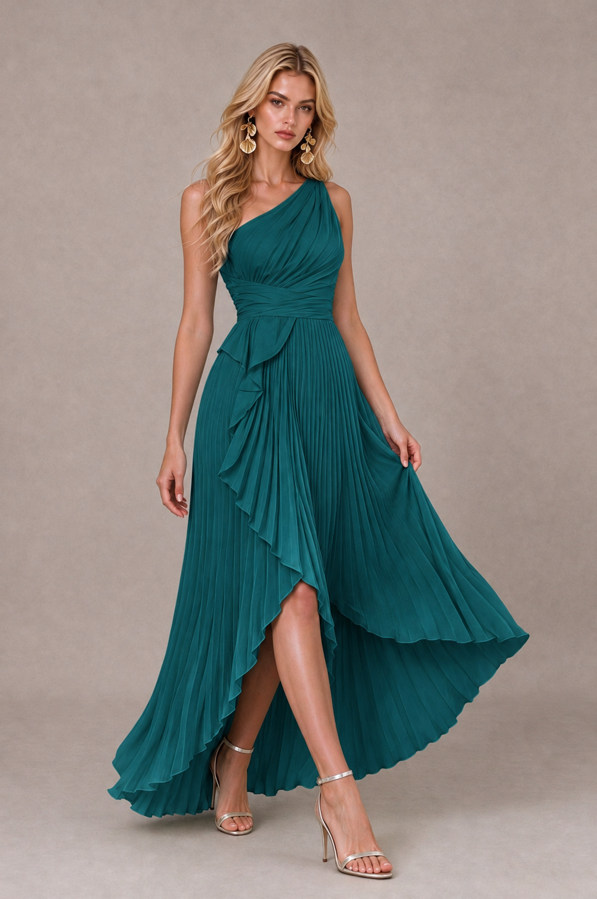 BOLODOO Teal One-Shoulder High-Low Ruffle Maxi Dress - Teal - Teal_4