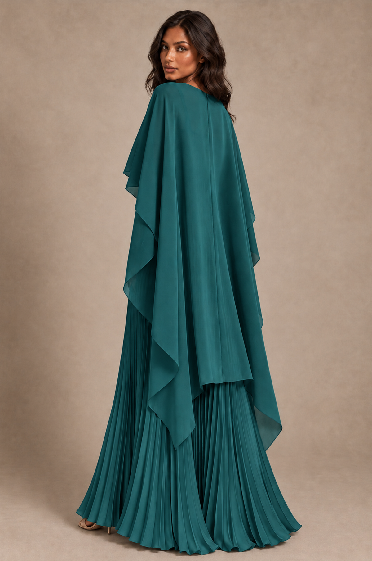 BOLODOO Teal Pleated Cape A-Line Evening Dress - Teal - Teal_4