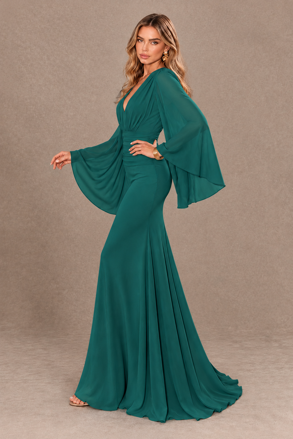 BOLODOO Teal Cape Sleeve V-Neck Ruched Chiffon Evening Dress - Teal - Teal_4