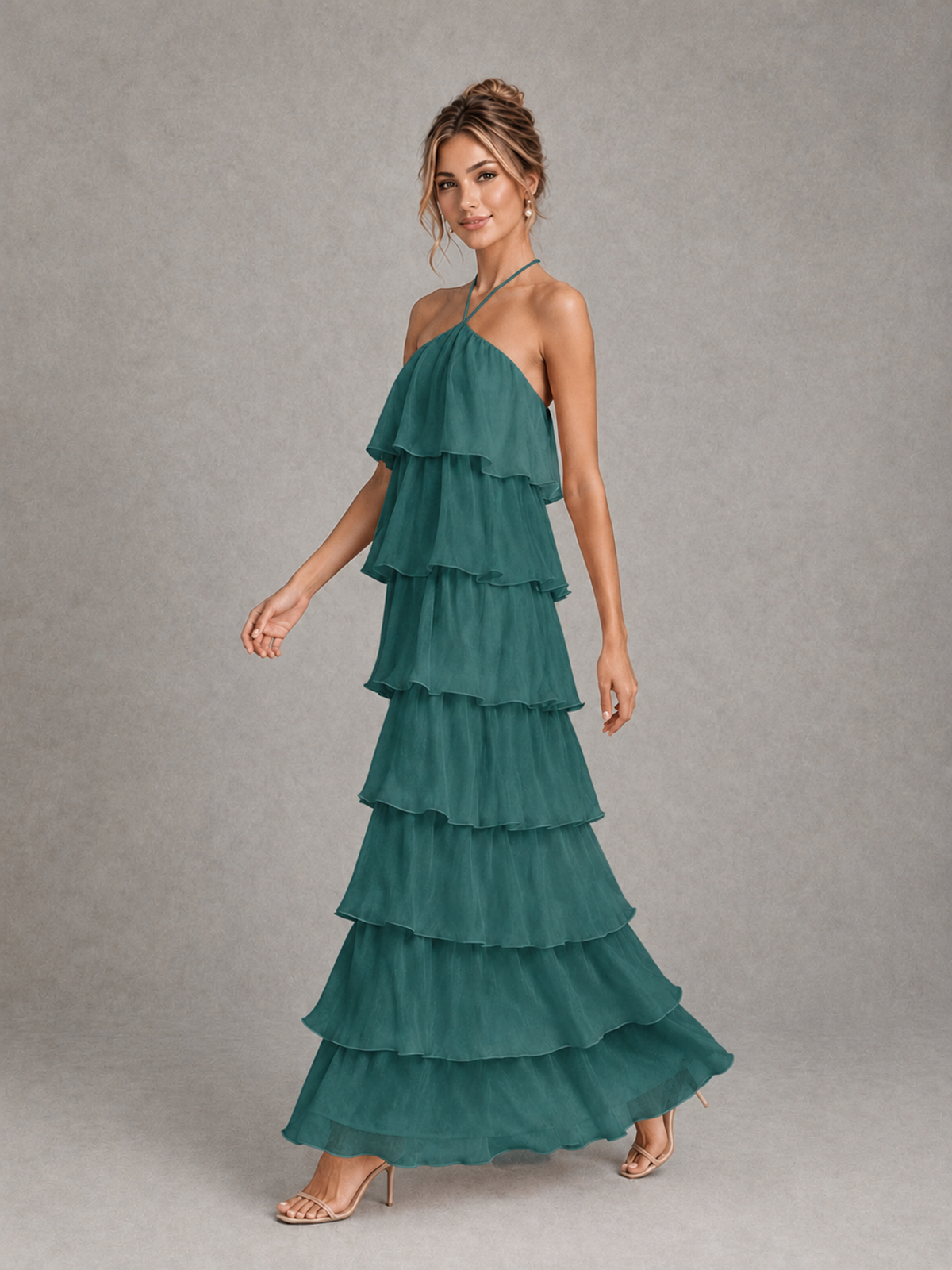 BOLODOO Teal Halter Tiered Ruffle Maxi Bridesmaid Dress - Teal - Teal_4