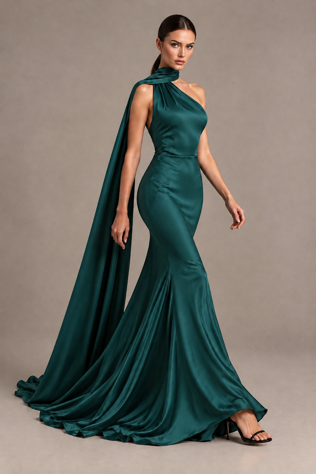 BOLODOO Teal One-Shoulder Satin Mermaid Evening Dress with Scarf - Teal - Teal_4
