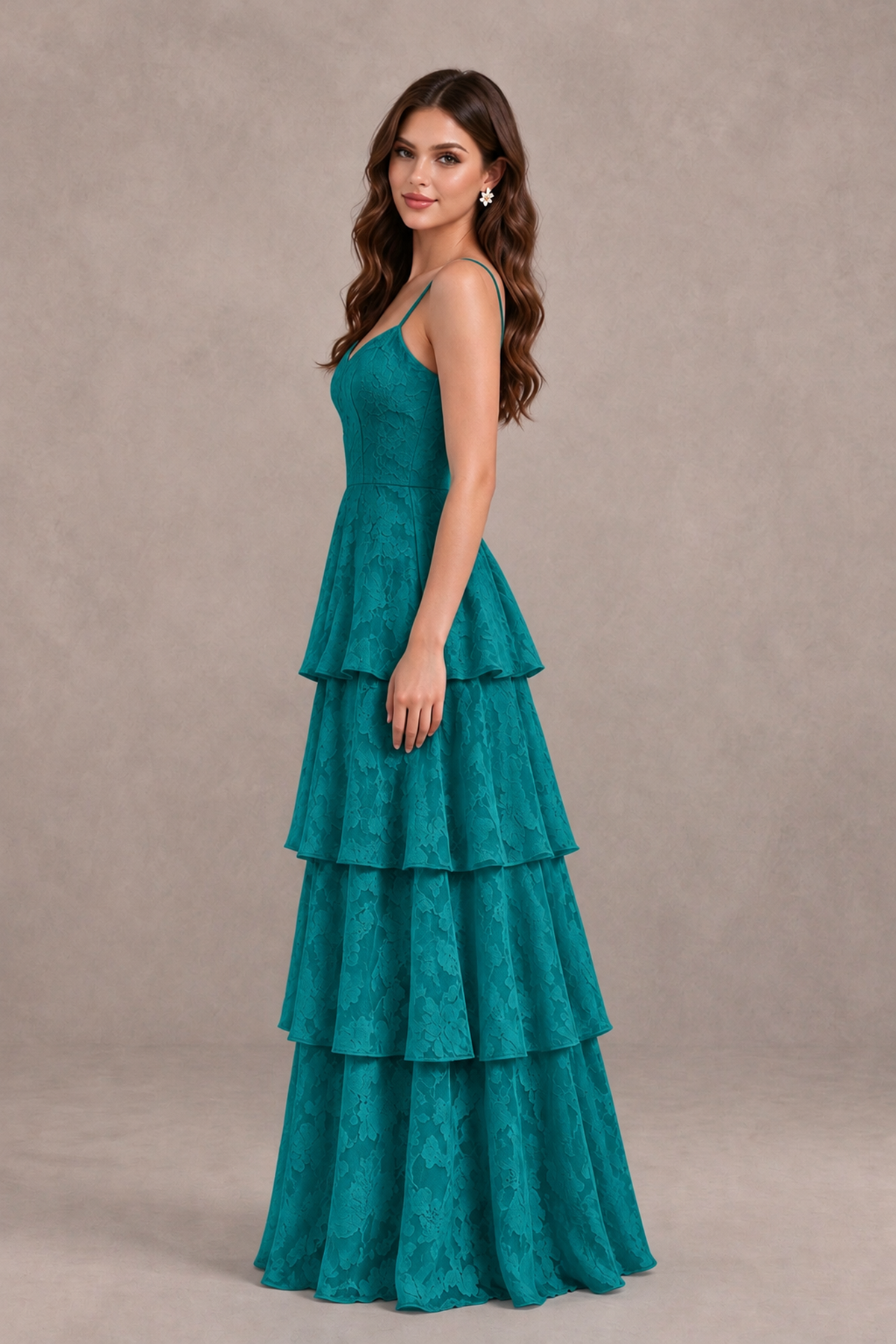 BOLODOO Teal Tiered Floral-Textured Spaghetti Strap Maxi Dress - Teal - Teal_4