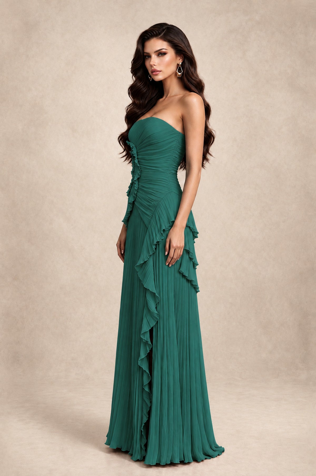 BOLODOO Teal Strapless Ruffle Pleated Slit Evening Gown - Teal - Teal_4