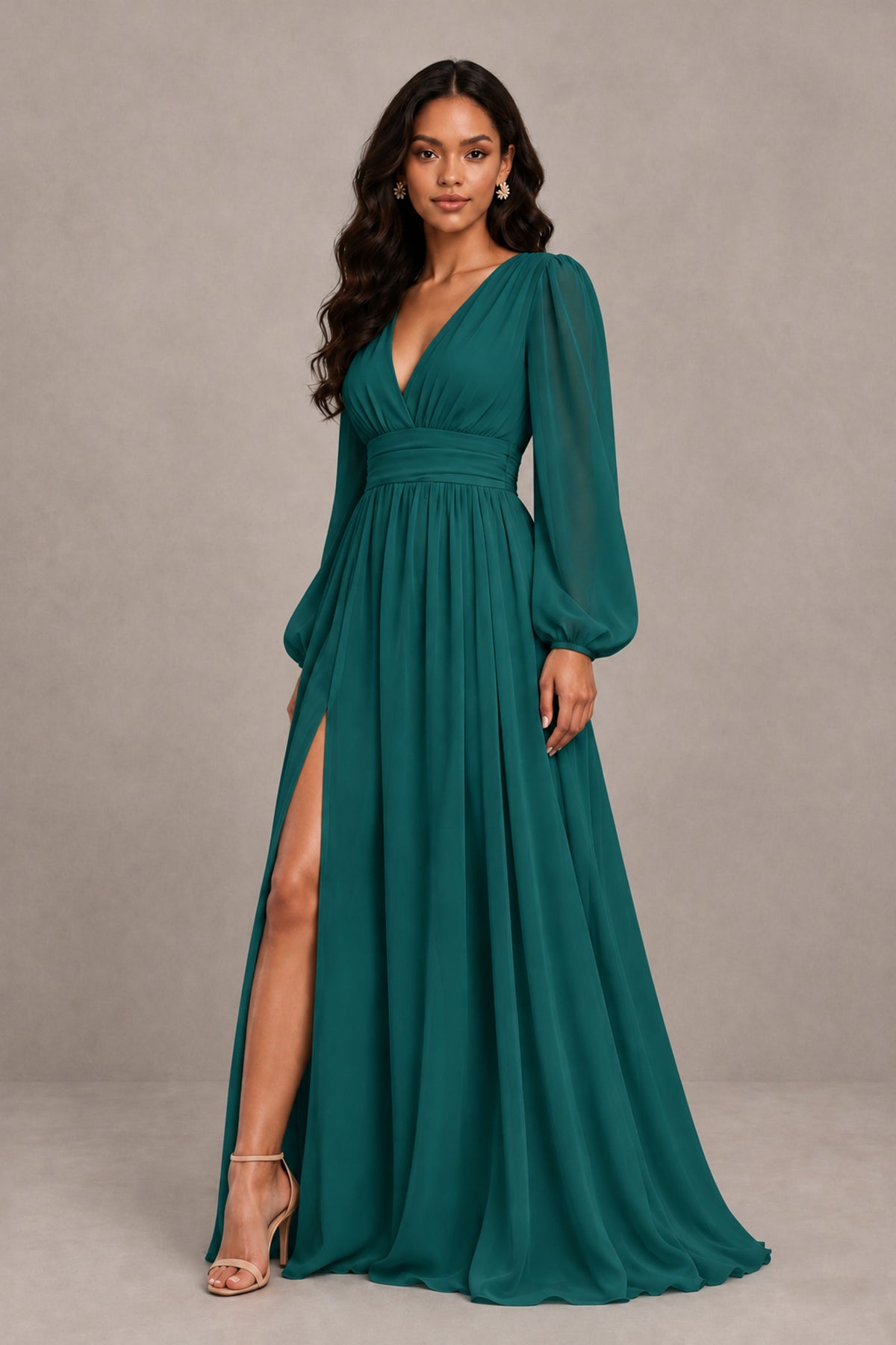 BOLODOO Teal Long Sleeve V-Neck A-Line Gown with Open Back & Slit - Teal - Teal_4