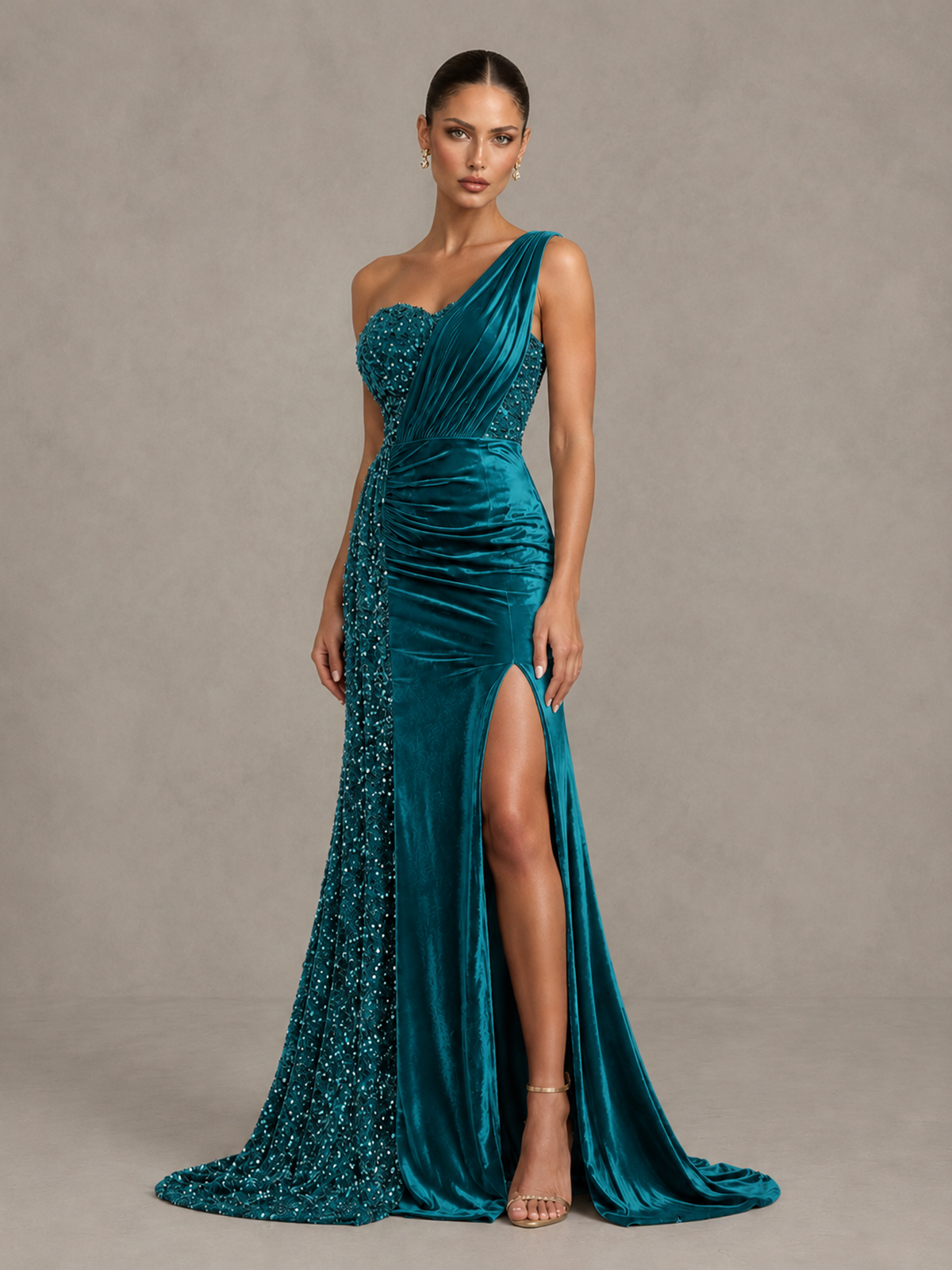 BOLODOO Teal One-Shoulder Satin Sequin Gown with High Slit - Teal - Teal_4