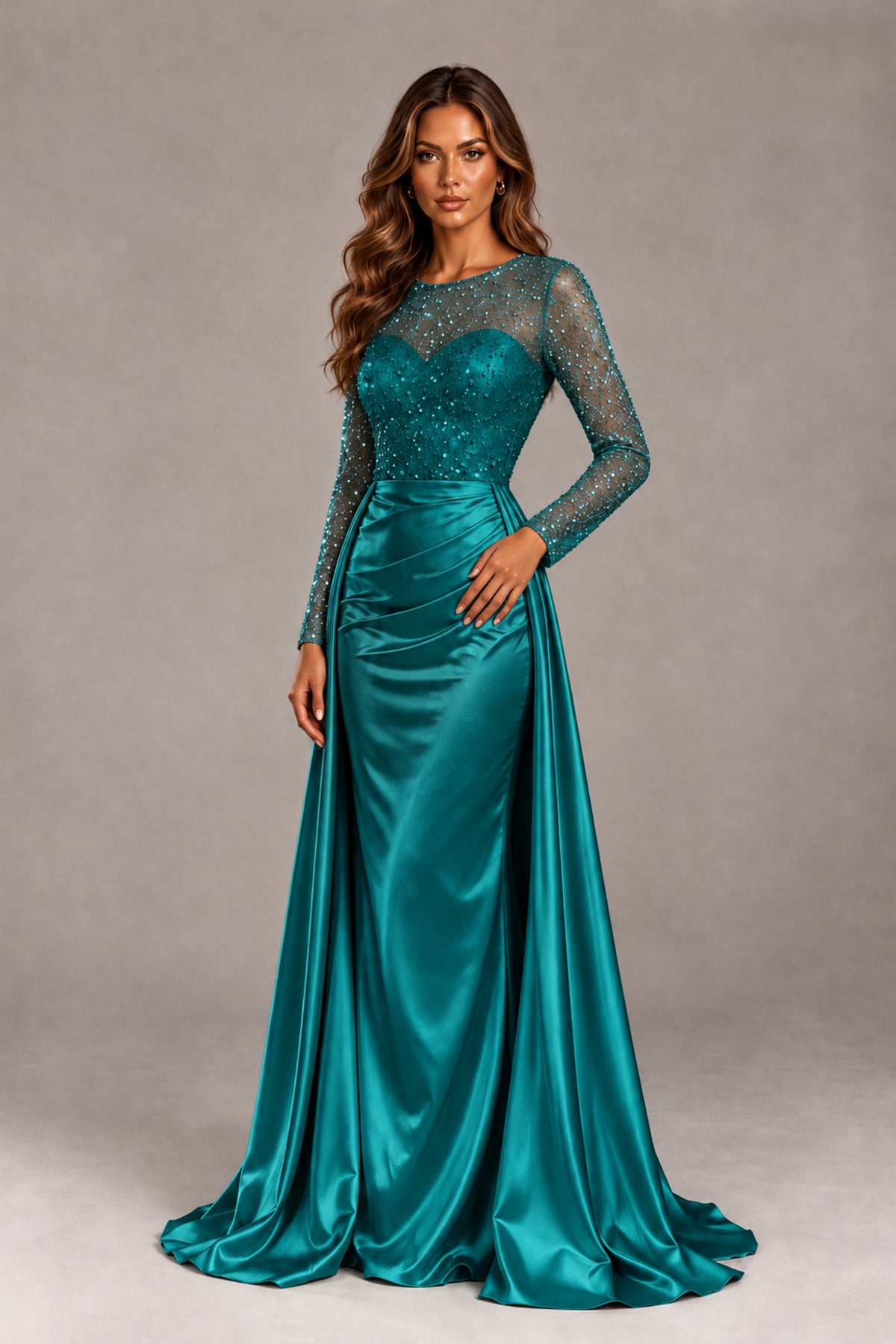 BOLODOO Teal Long Sleeve Embellished Satin Evening Gown with Sweep Train - Teal - Teal_4