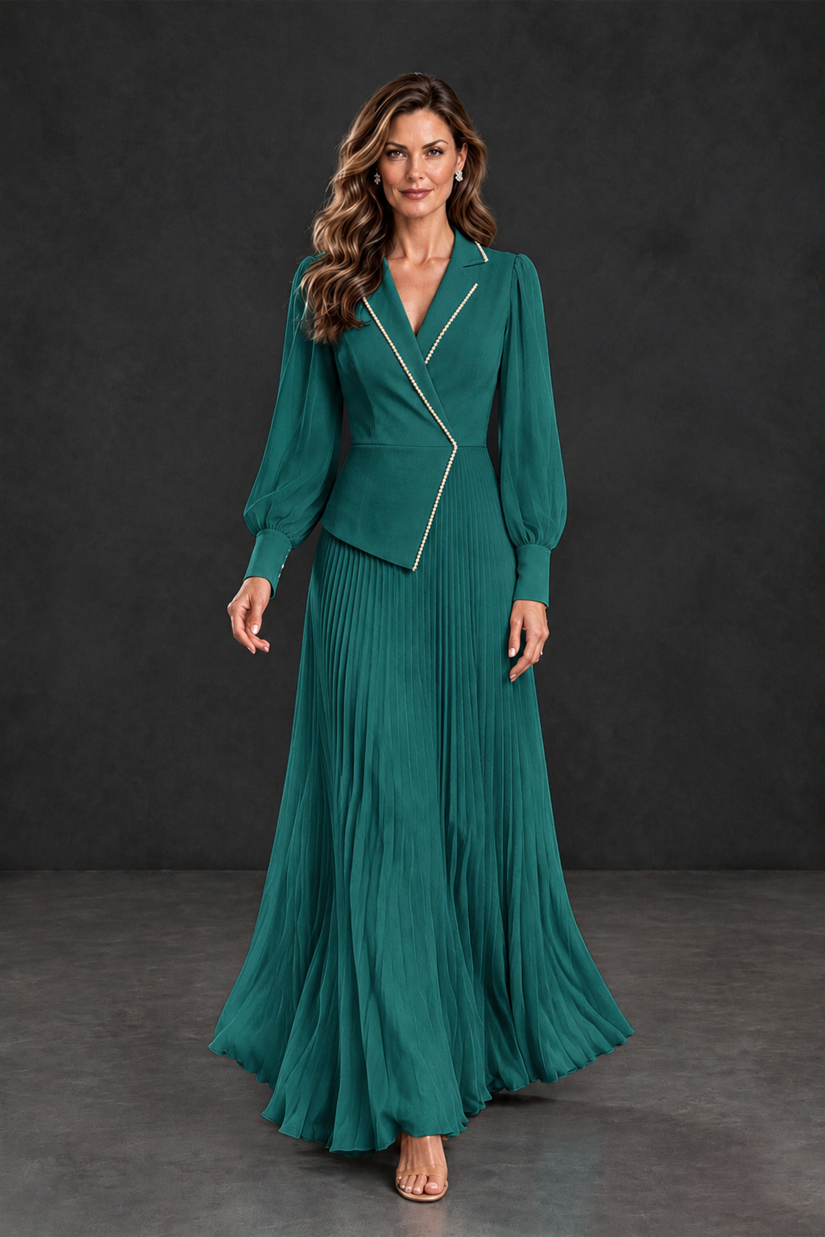 BOLODOO Teal Long Sleeve Pleated Mother of the Bride Dress - Teal - Teal_4