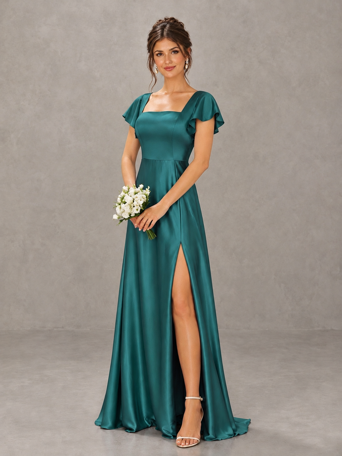 BOLODOO Teal Satin Square Neck Flutter Sleeve A-Line Bridesmaid Dress with Slit - Teal - Teal_4