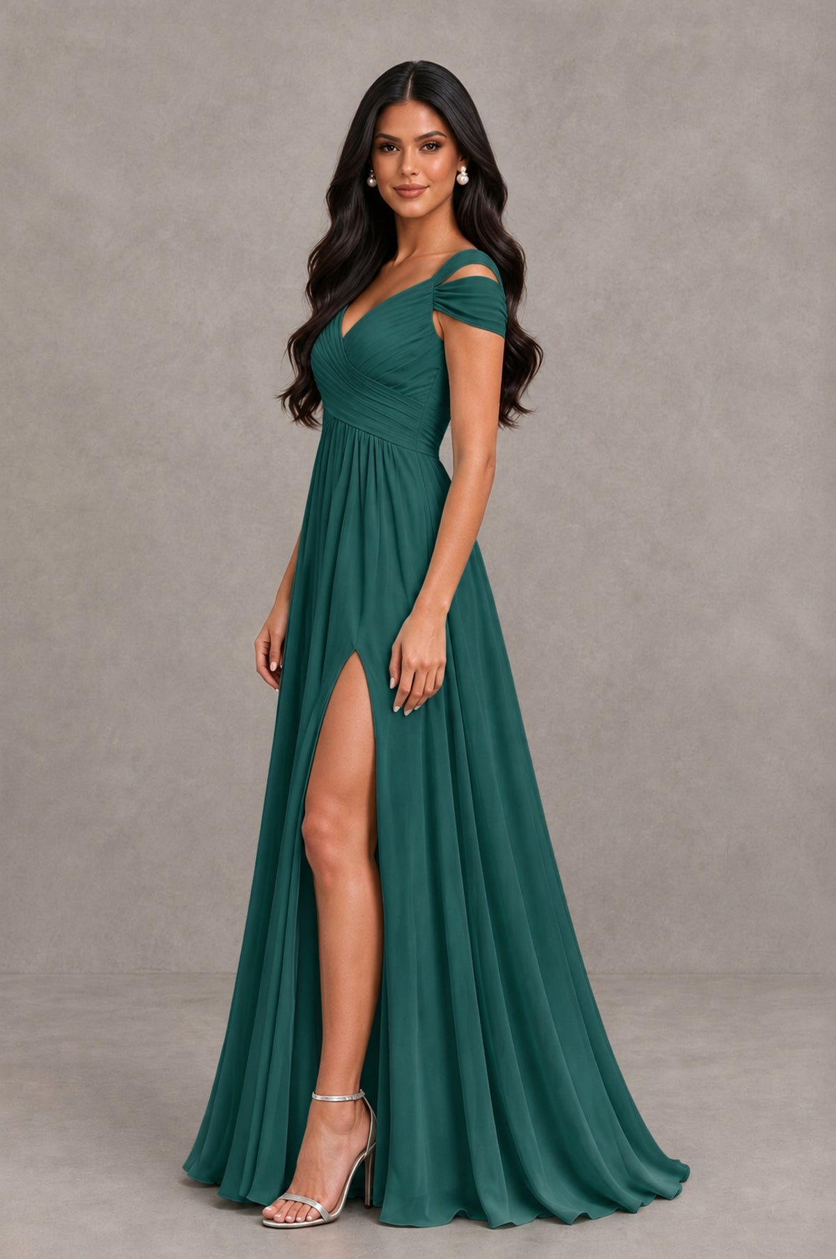 BOLODOO Teal Cold Shoulder Chiffon Evening Dress with V Neck and High Slit - Teal - Teal_4