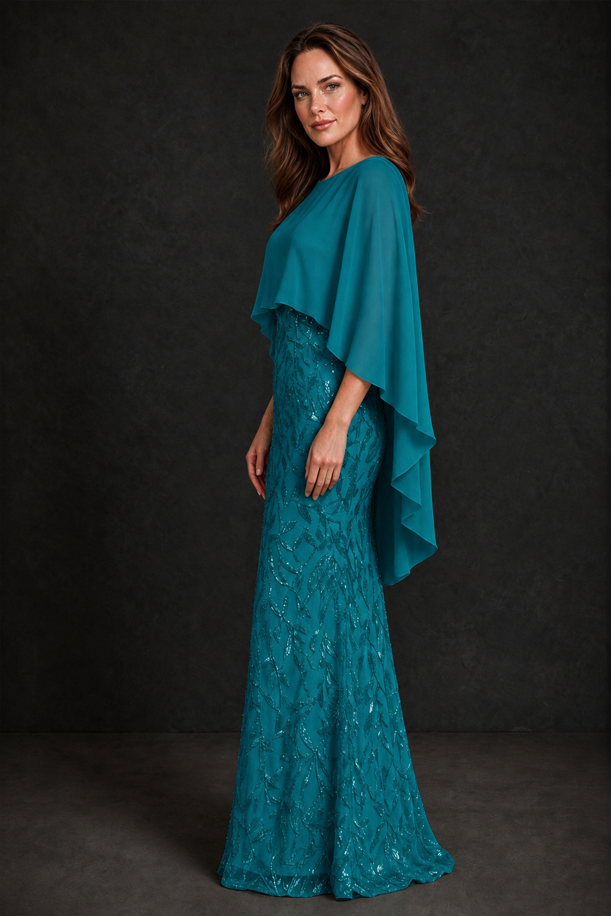 BOLODOO Teal Round Neck Chiffon Cape Overlay Sequin Lace Mermaid Maxi Dress - Teal - Teal_4