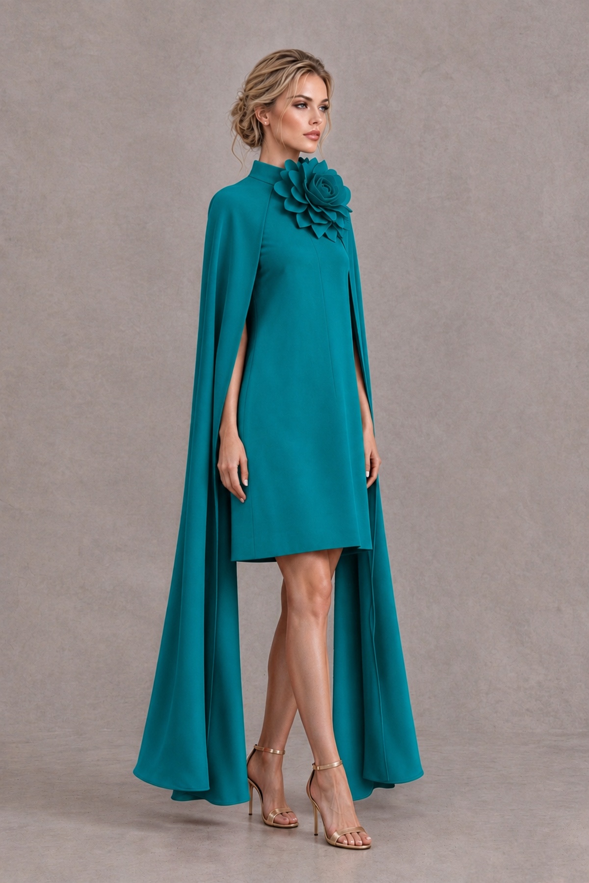 BOLODOO Teal High Neck Floral Cape Mini Cocktail Dress - Teal - Teal_4