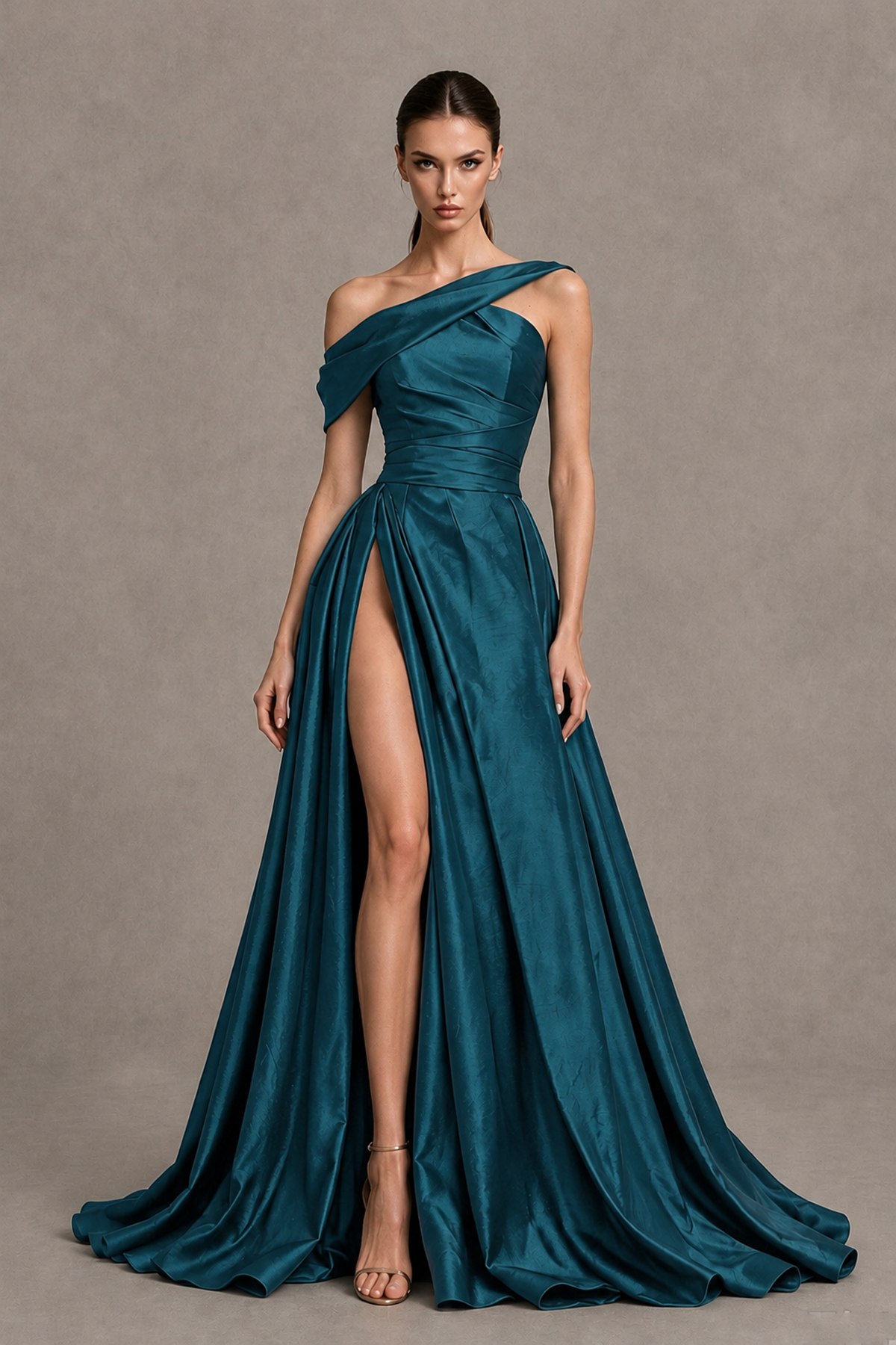 BOLODOO Teal Asymmetric Satin-Look A-Line Prom Dress with High Slit - Teal - Teal_4