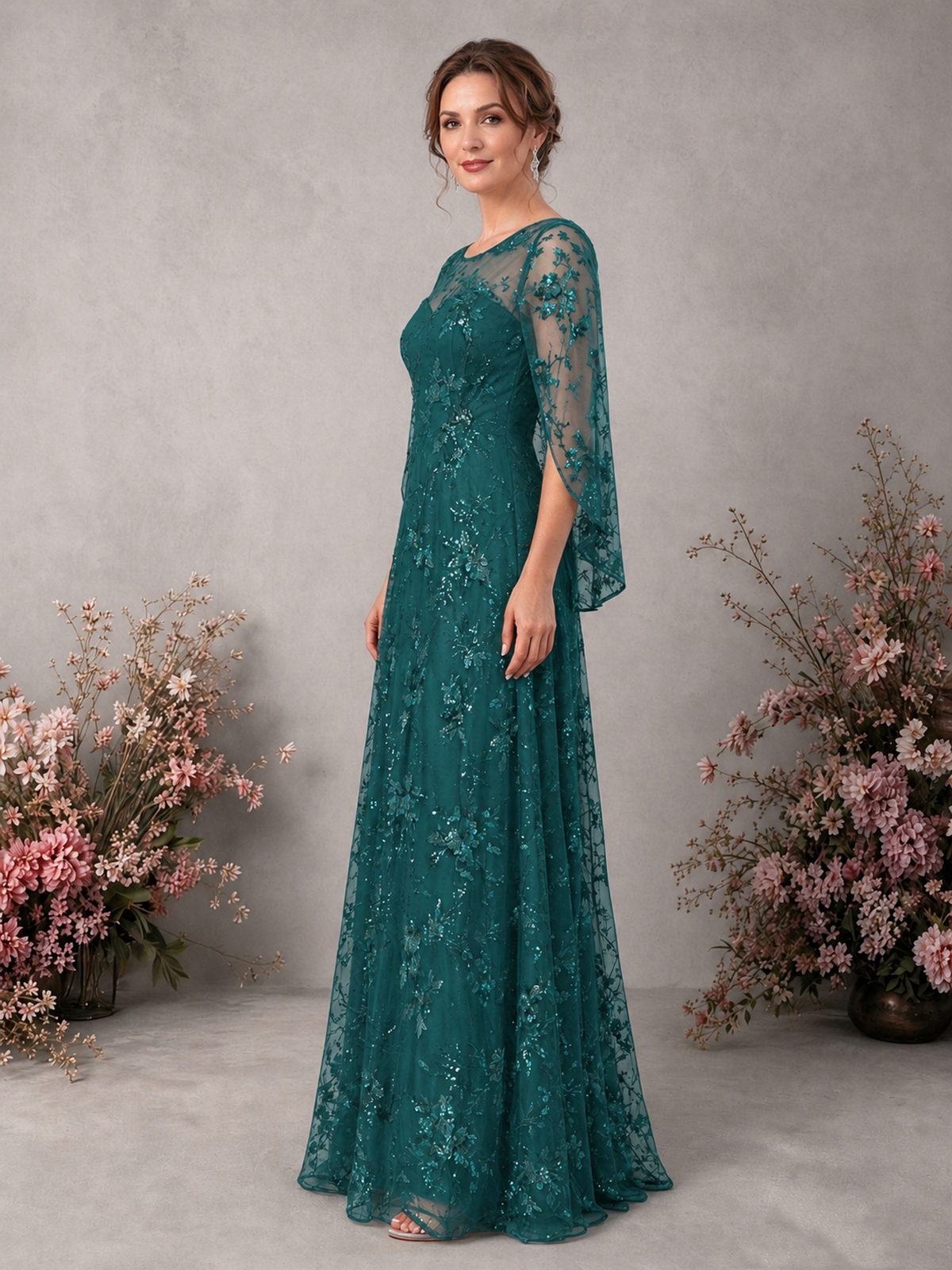 BOLODOO Teal Sequin Lace Cape Sleeve Formal Evening Gown - Teal - Teal_4