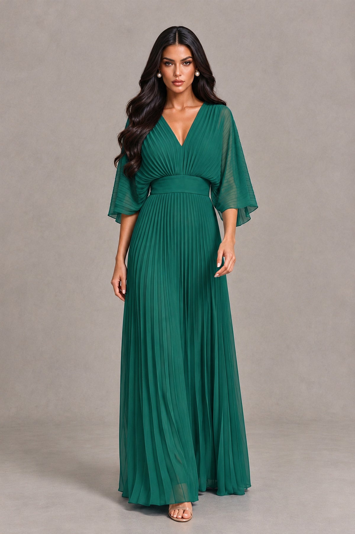 BOLODOO Teal V-Neck Pleated Flutter Sleeve Formal Dress - Teal - Teal_4