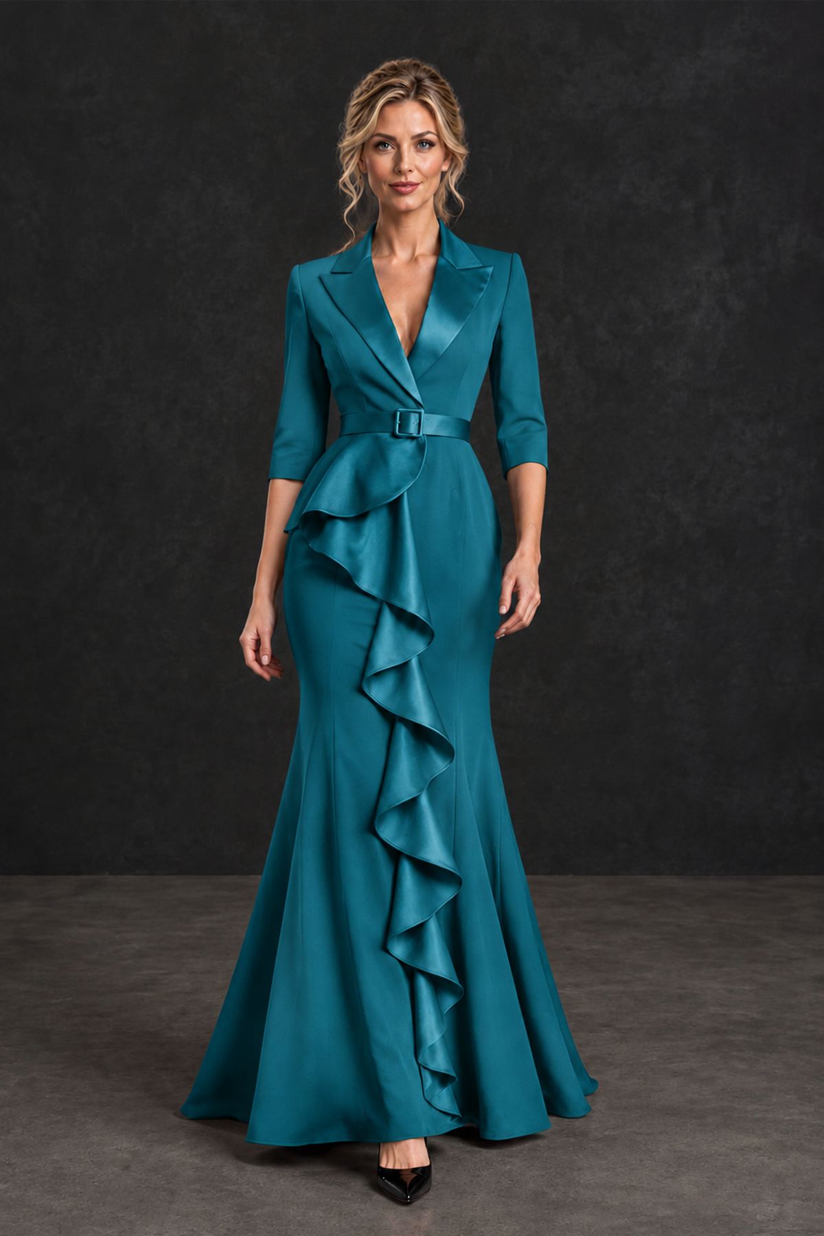 BOLODOO Teal Lapel Ruffle Mother of the Bride Dress with Belt - Teal - Teal_4